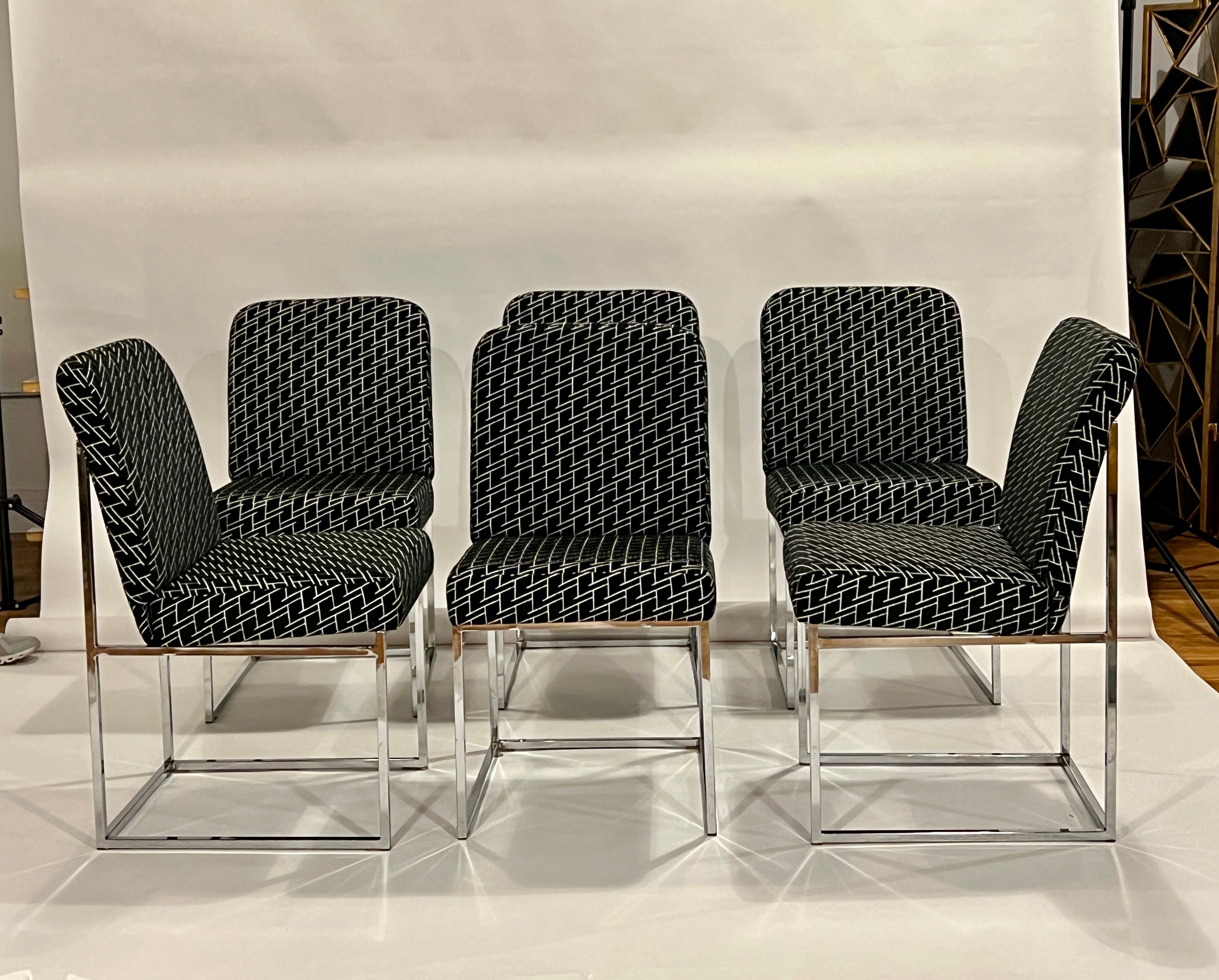 Set of 6 Milo Baughman thin line chrome frame dining chairs newly upholstered in James Dunlop 