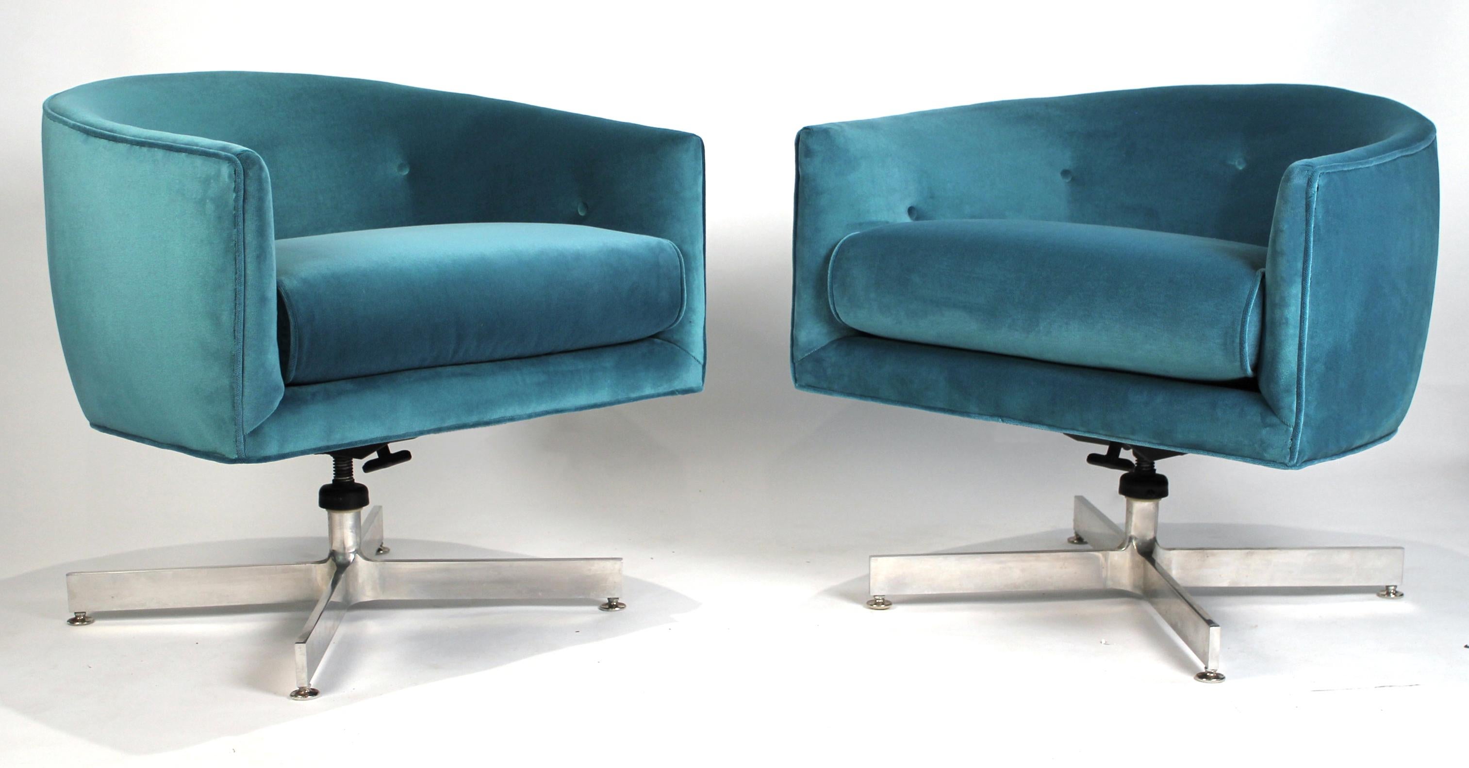 Milo Baughman tilt and swivel lounge chairs for Thayer Coggin fully restored with new webbing, foam and aquamarine velvet from Perennials. The Institutional line was crafted from better materials than the residential grade Thayer Coggin line. The