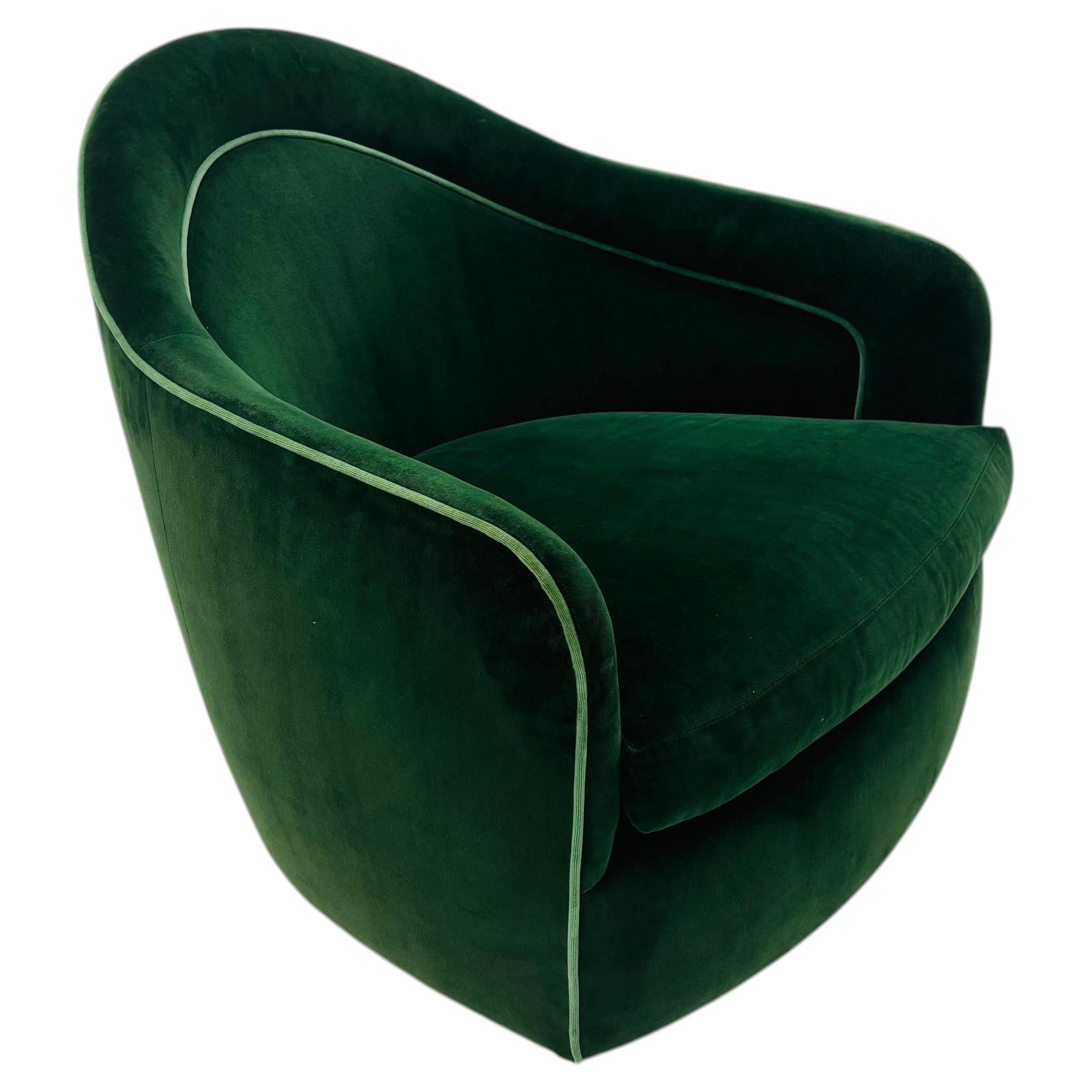 Milo Baughman Tilt Swivel Chair in Green Velvet. Newly Reupholstered.