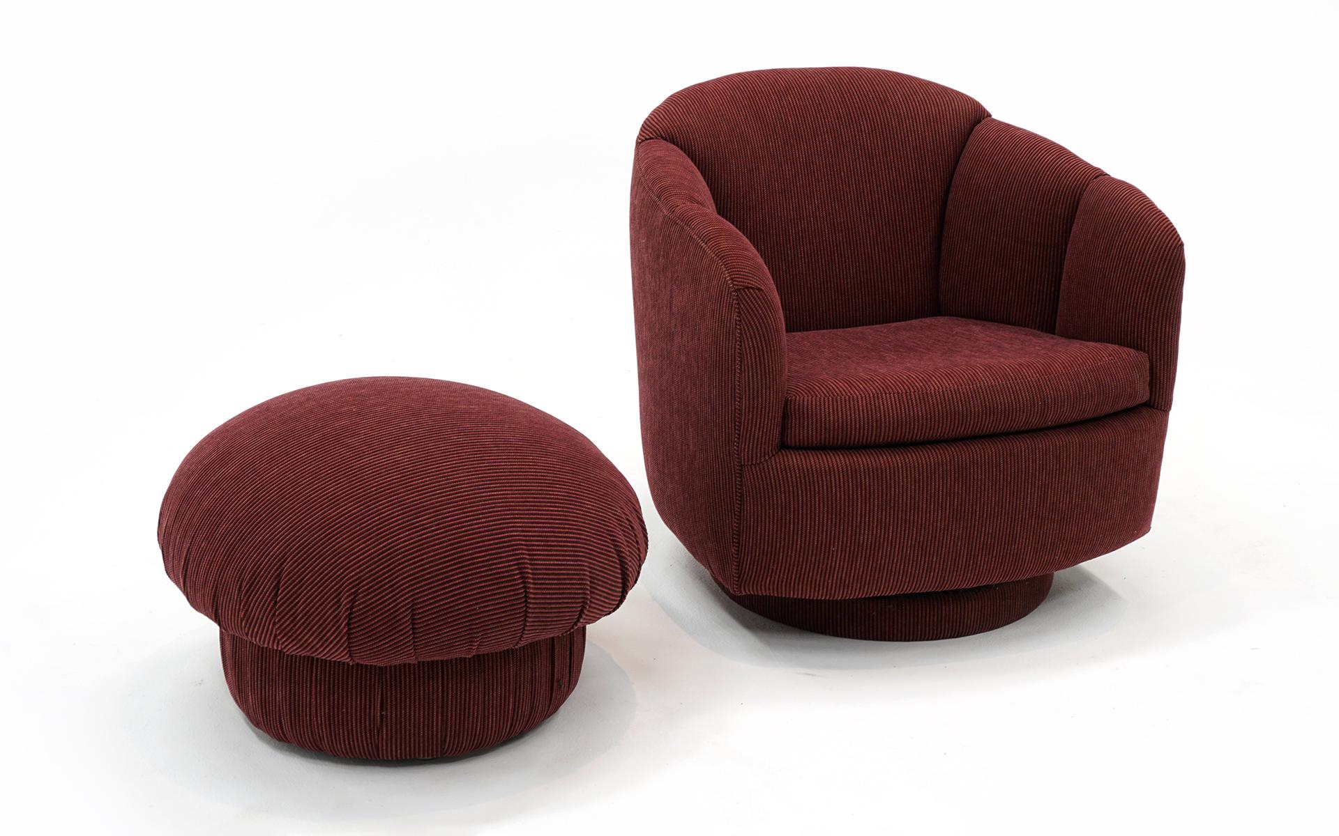 Milo Baughman barrel / rounded back tilt and swivel lounge chair with the very rare accompanying ottoman / pouf. Both the chair and pouf are signed with the Thayer Coggin label. Both are in extremely good condition with very little if any signs of