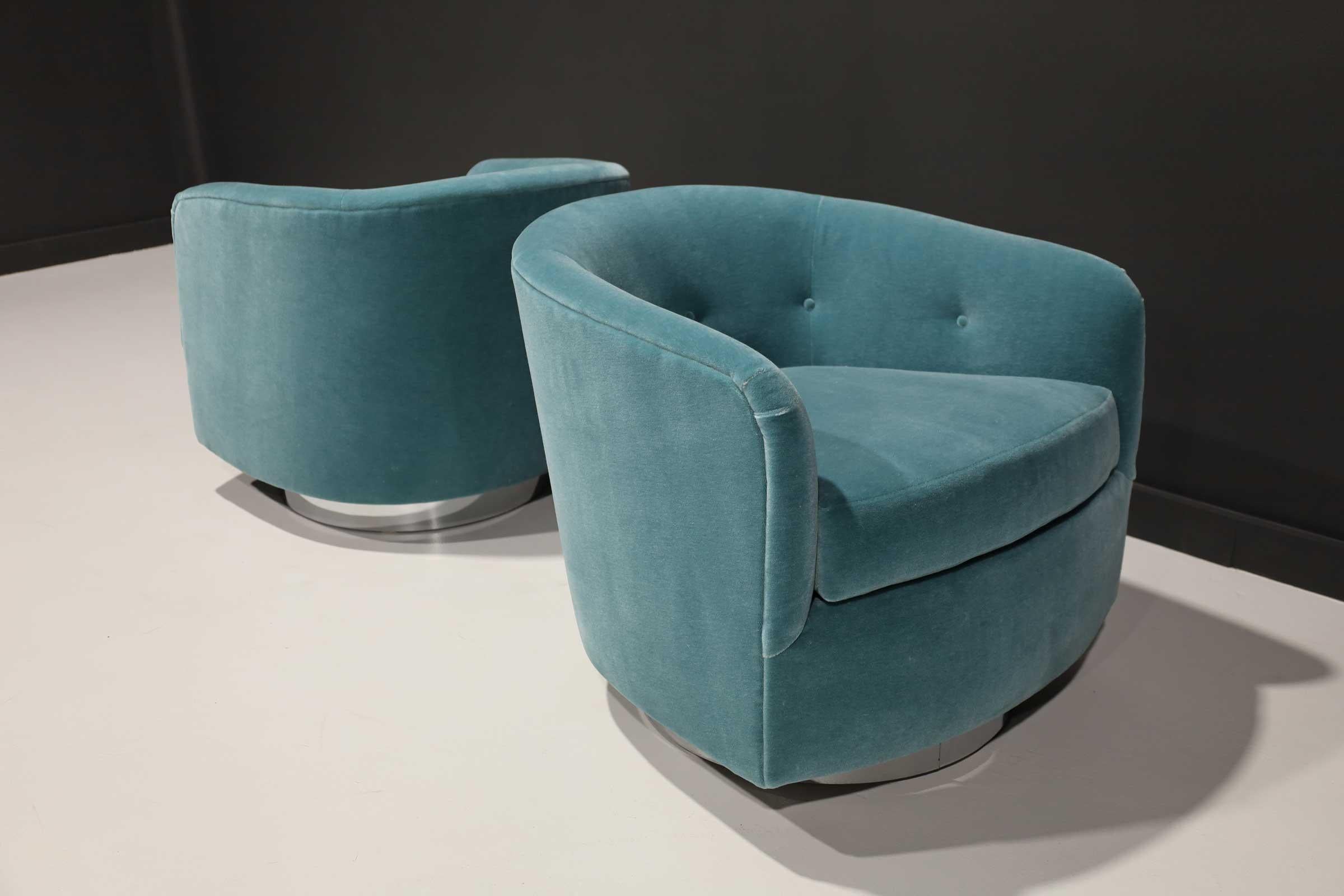 Mid-Century Modern Milo Baughman Tilt/Swivel Lounge Chairs in Dusty Blue Mohair