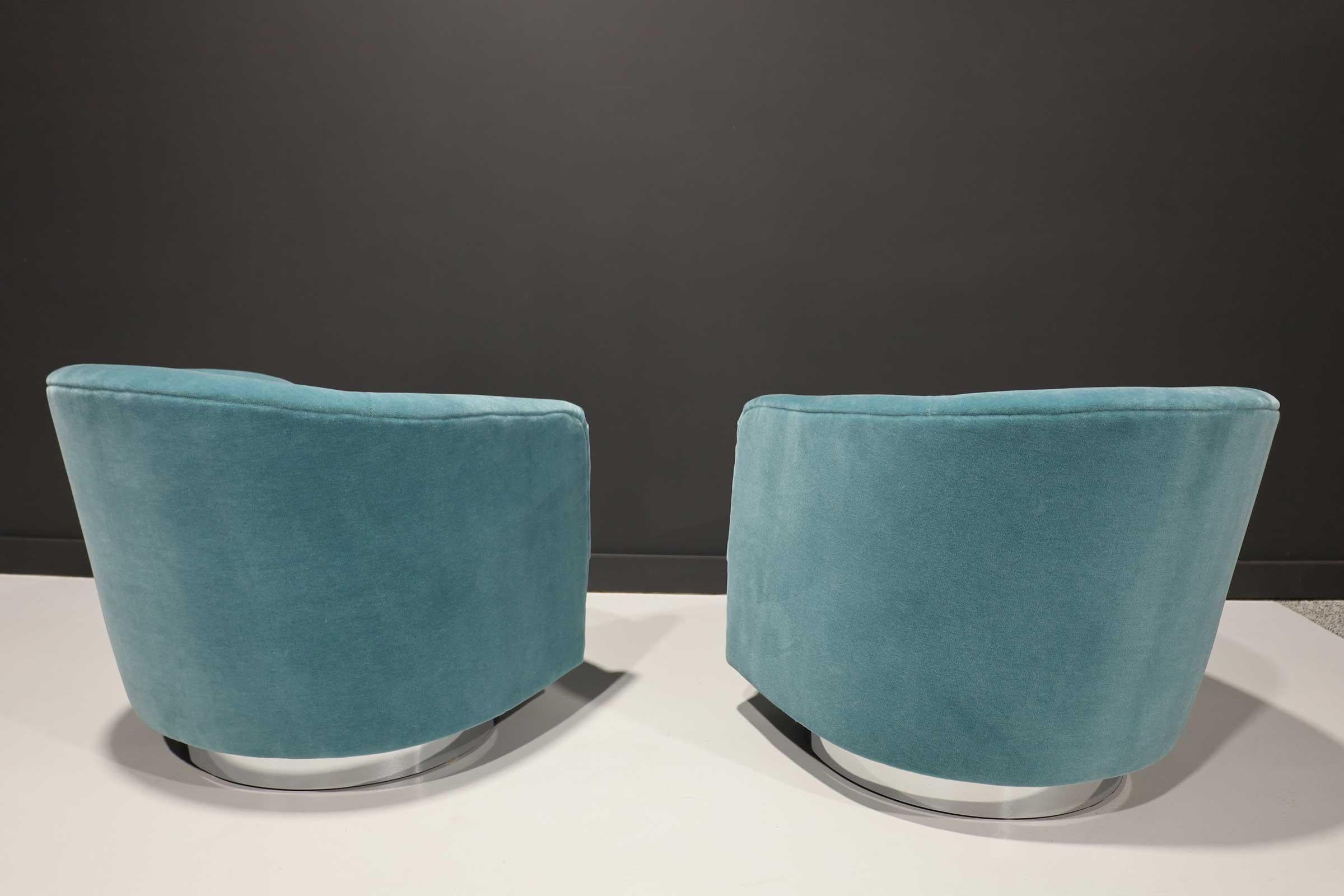20th Century Milo Baughman Tilt/Swivel Lounge Chairs in Dusty Blue Mohair