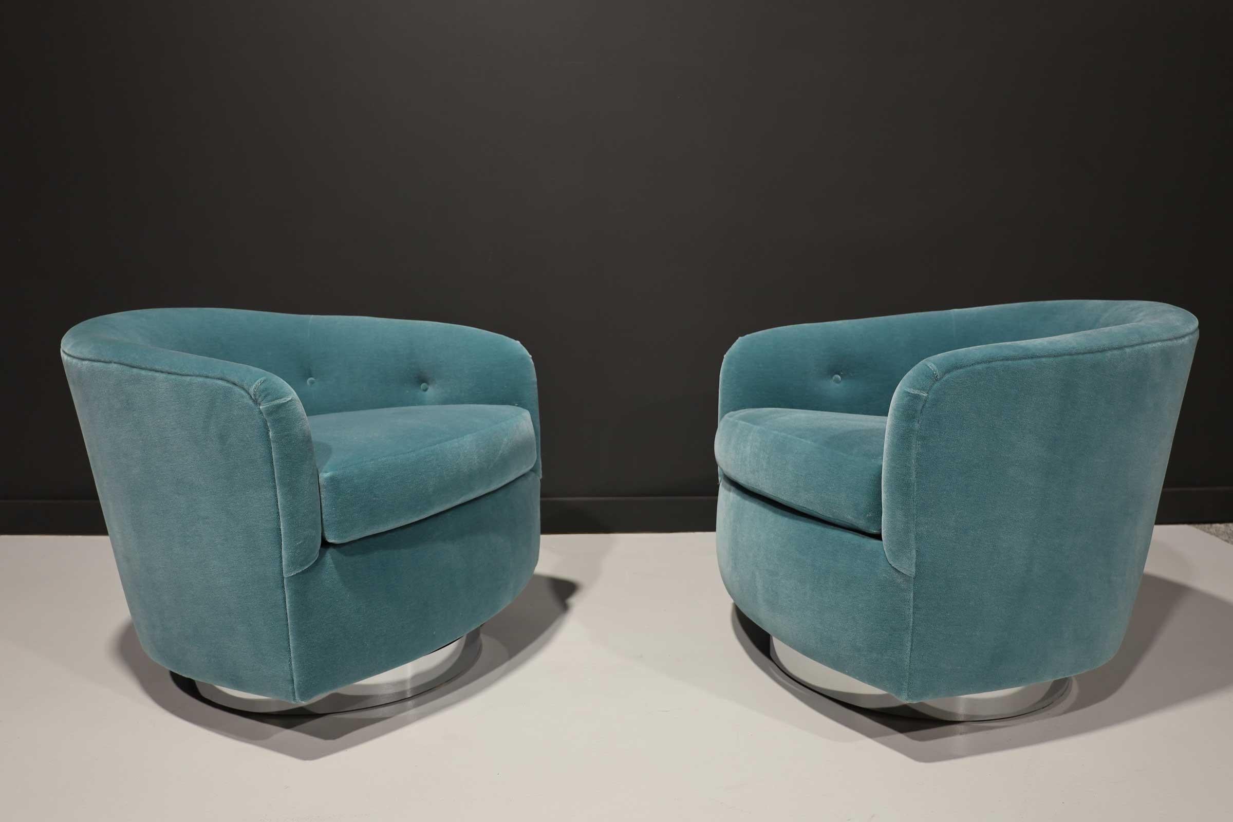 Upholstery Milo Baughman Tilt/Swivel Lounge Chairs in Dusty Blue Mohair