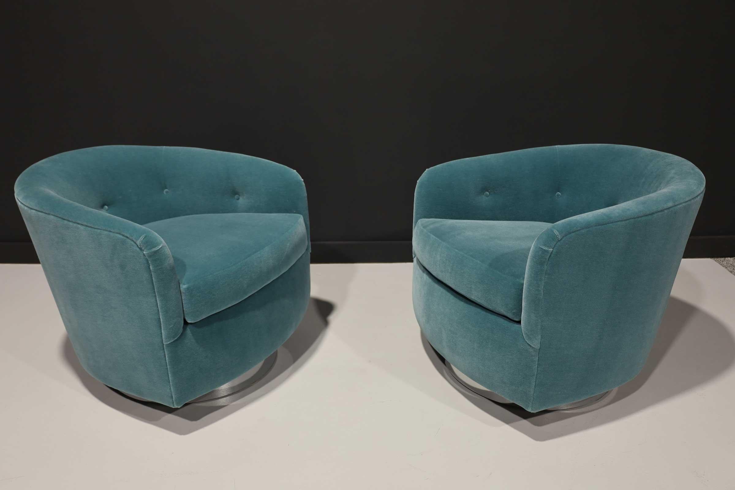 Milo Baughman Tilt/Swivel Lounge Chairs in Dusty Blue Mohair 1