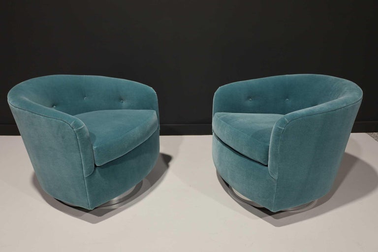 Milo Baughman Tilt/Swivel Lounge Chairs in Dusty Blue Mohair For Sale 1