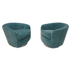 Milo Baughman Tilt/Swivel Lounge Chairs in Dusty Blue Mohair