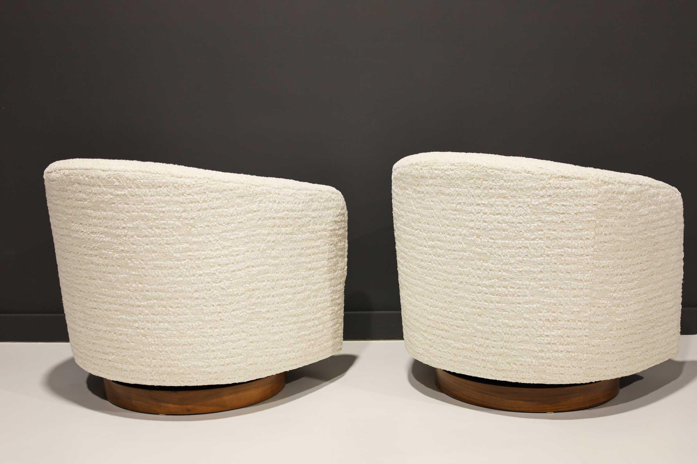 American Milo Baughman Tilt Swivel Lounge Chairs in Kelly Wearstler Off-White Upholstery