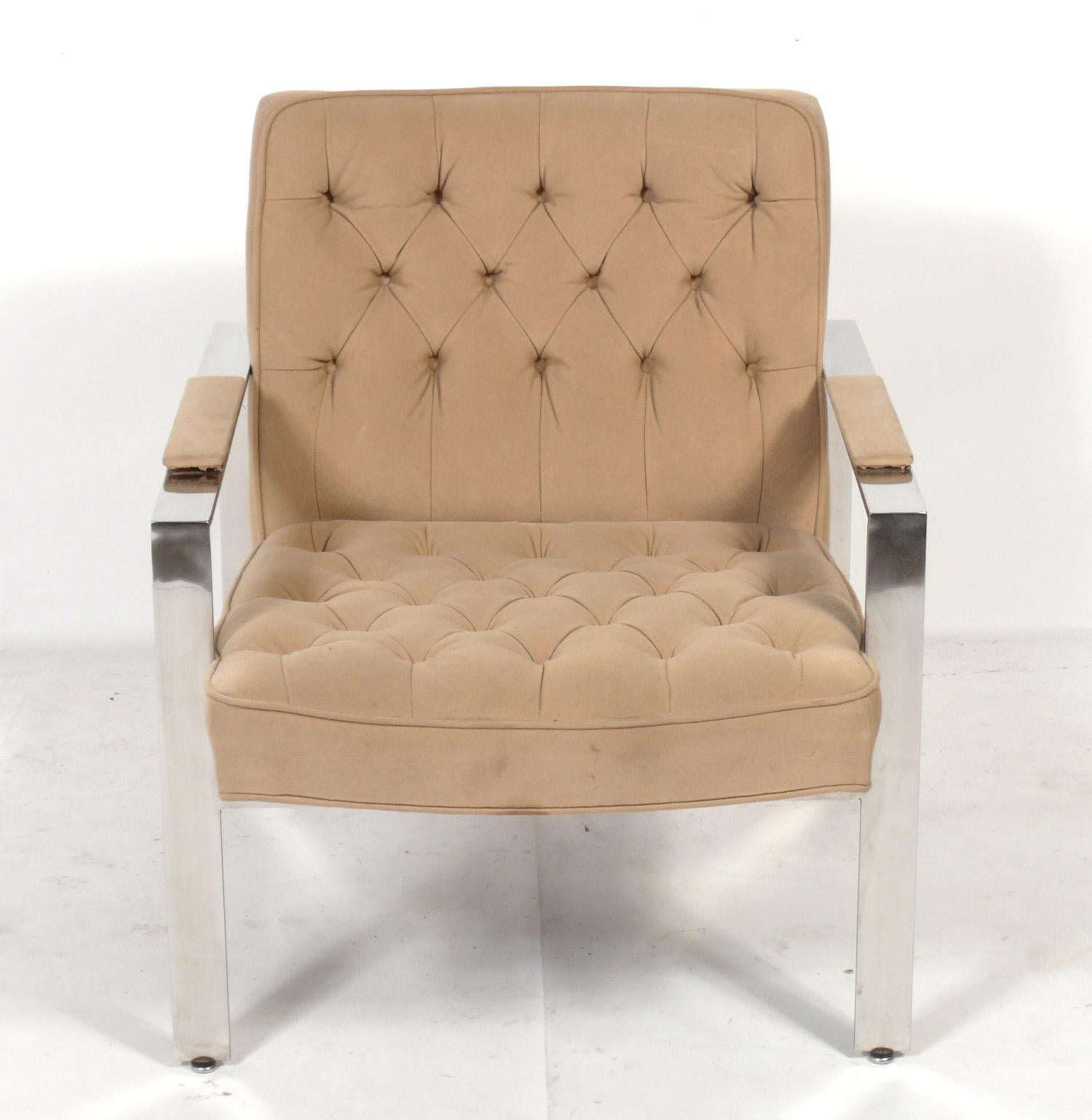 American Milo Baughman Tufted Chrome Lounge Chair Reupholstered In Your Fabric  For Sale