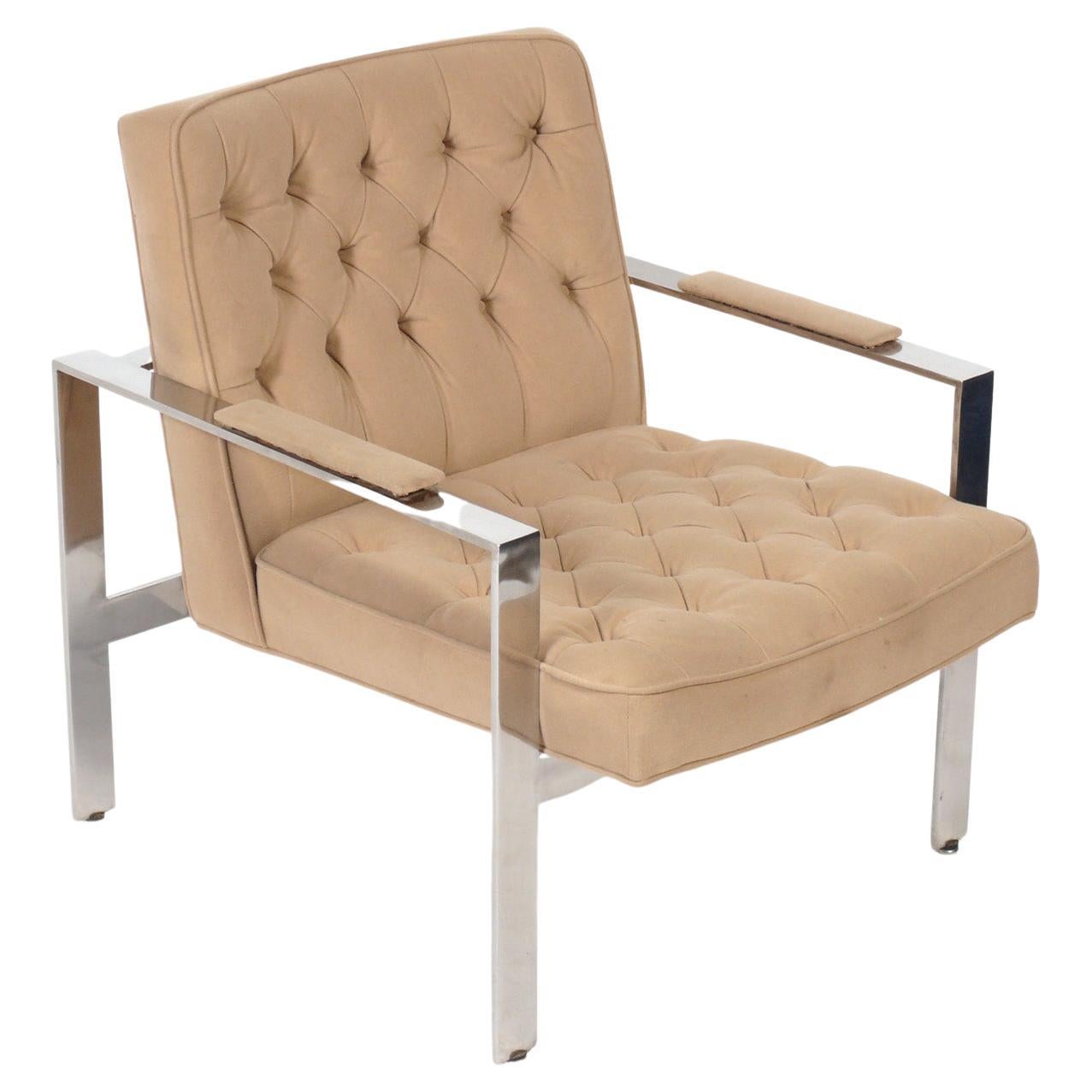 Fauteuil de salon chromé touffeté Milo Baughman retapissé dans votre tissu