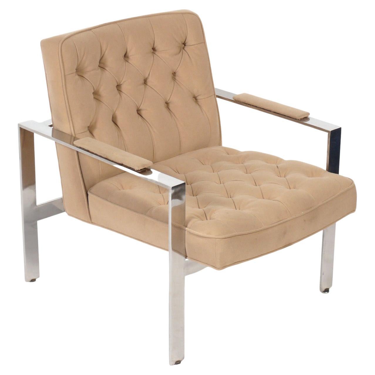 Milo Baughman Tufted Chrome Lounge Chair Reupholstered In Your Fabric  For Sale