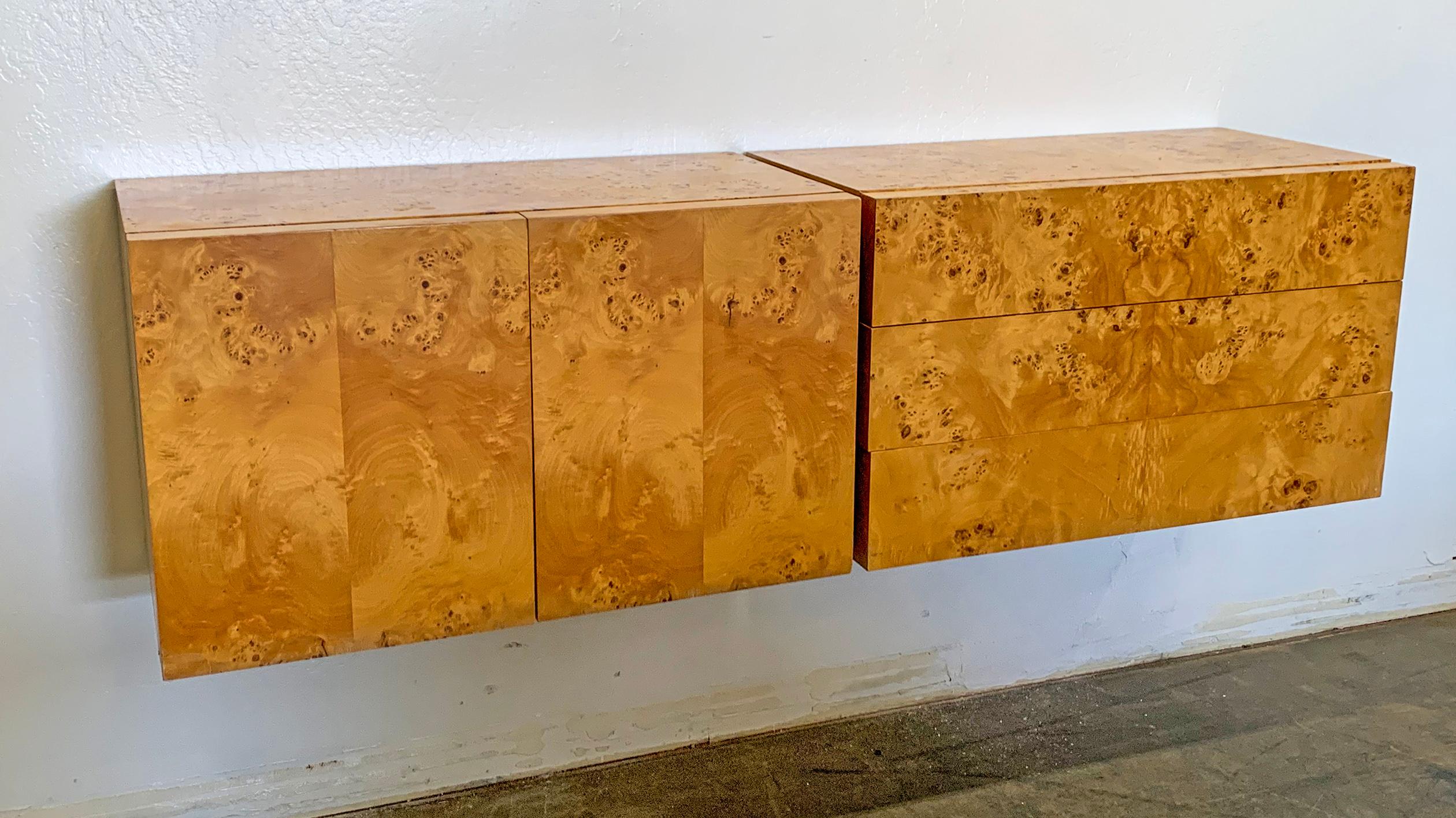 Milo Baughman Style Two-Piece Floating Burl Credenza 1
