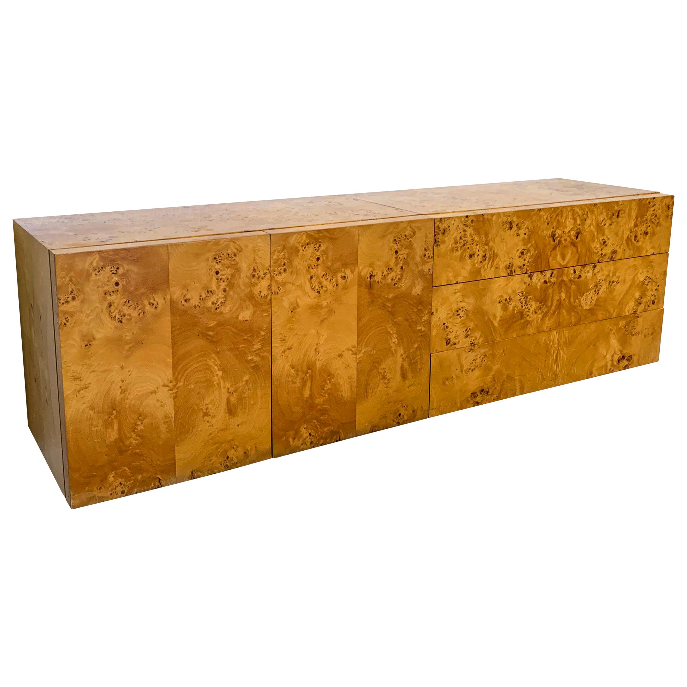 Milo Baughman Style Two-Piece Floating Burl Credenza