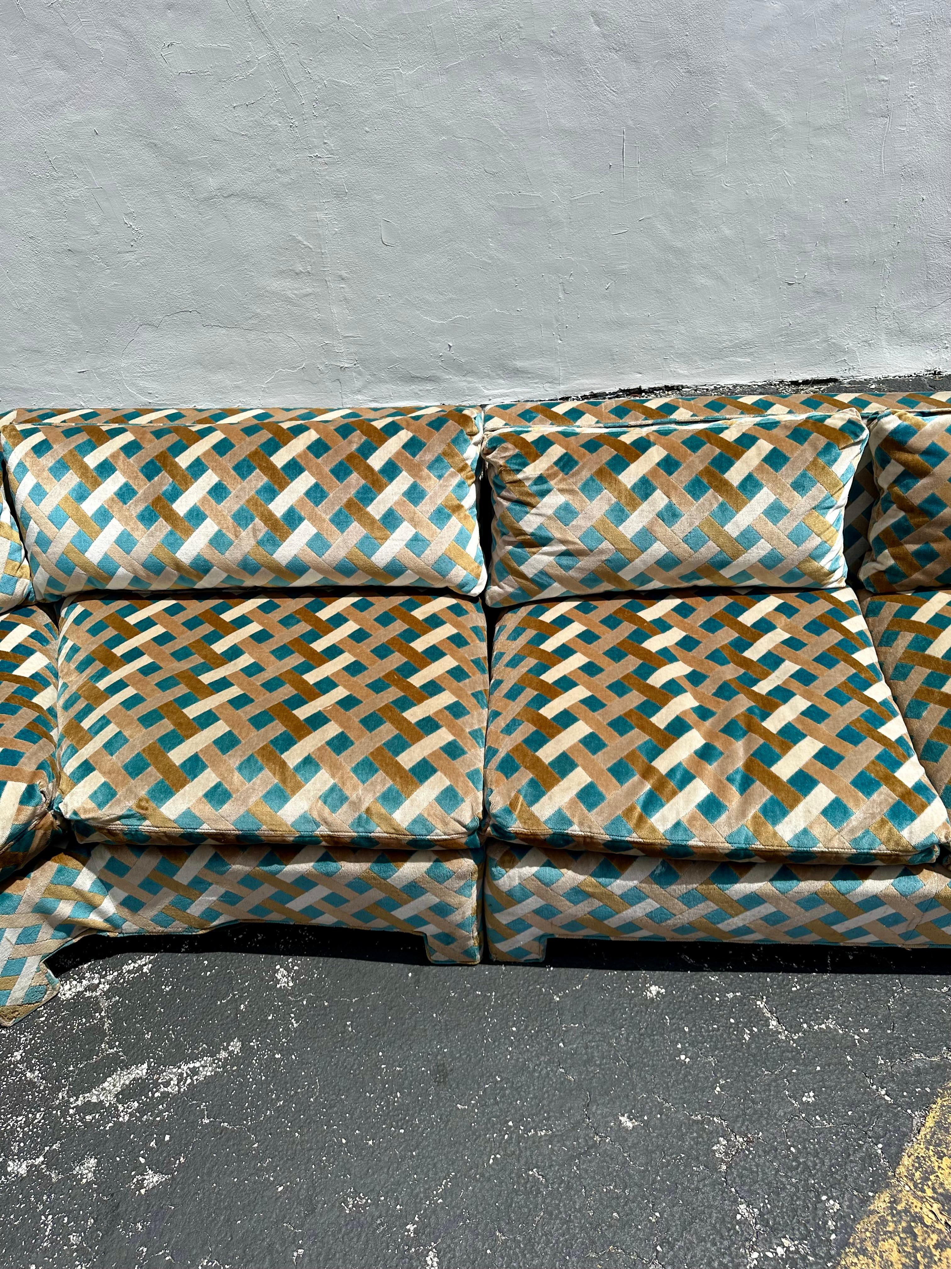 1970s Milo Baughman in Jack Lenor Larsen Blue Brown Lattice Velvet Sectional For Sale 7