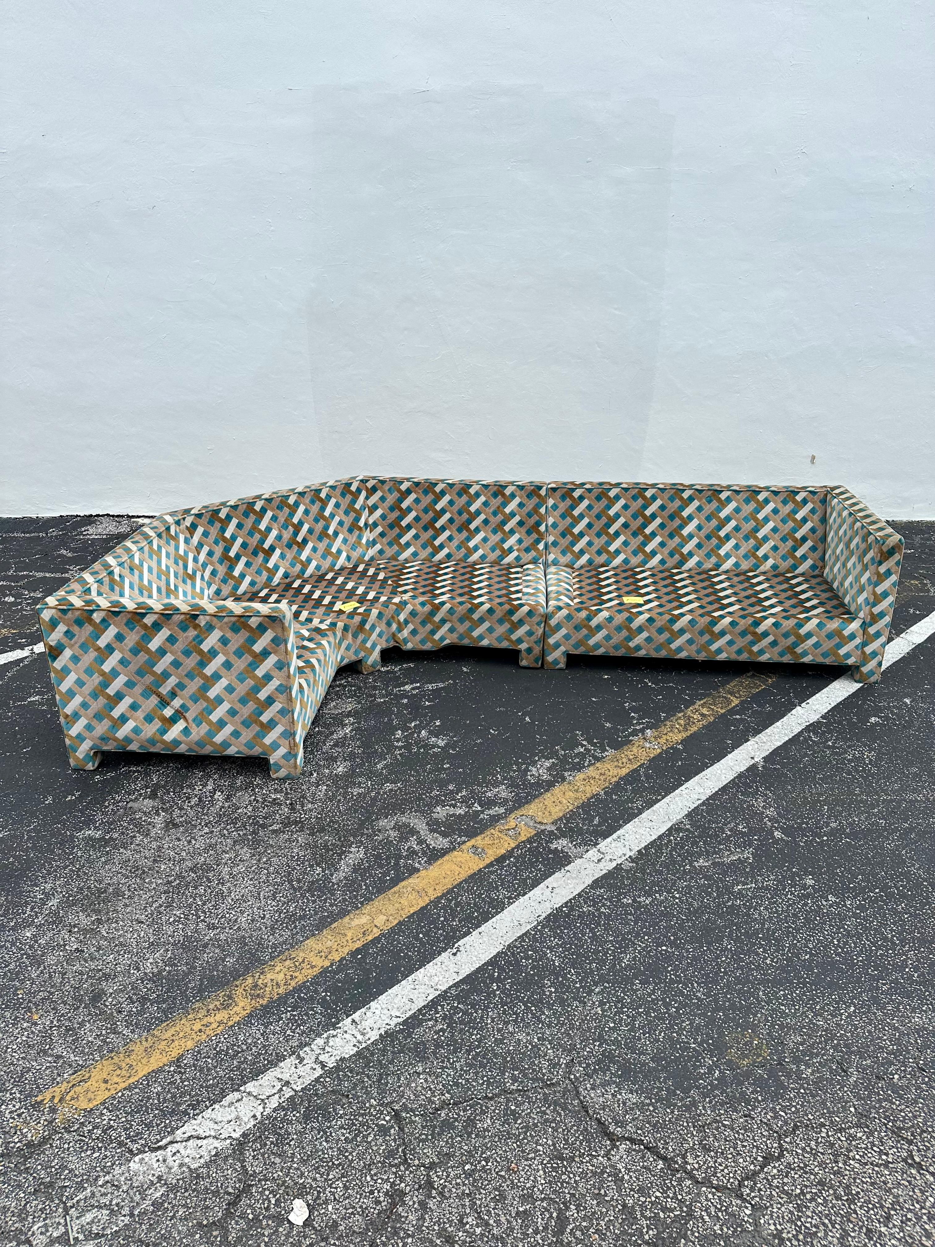 1970s Milo Baughman in Jack Lenor Larsen Blue Brown Lattice Velvet Sectional For Sale 11