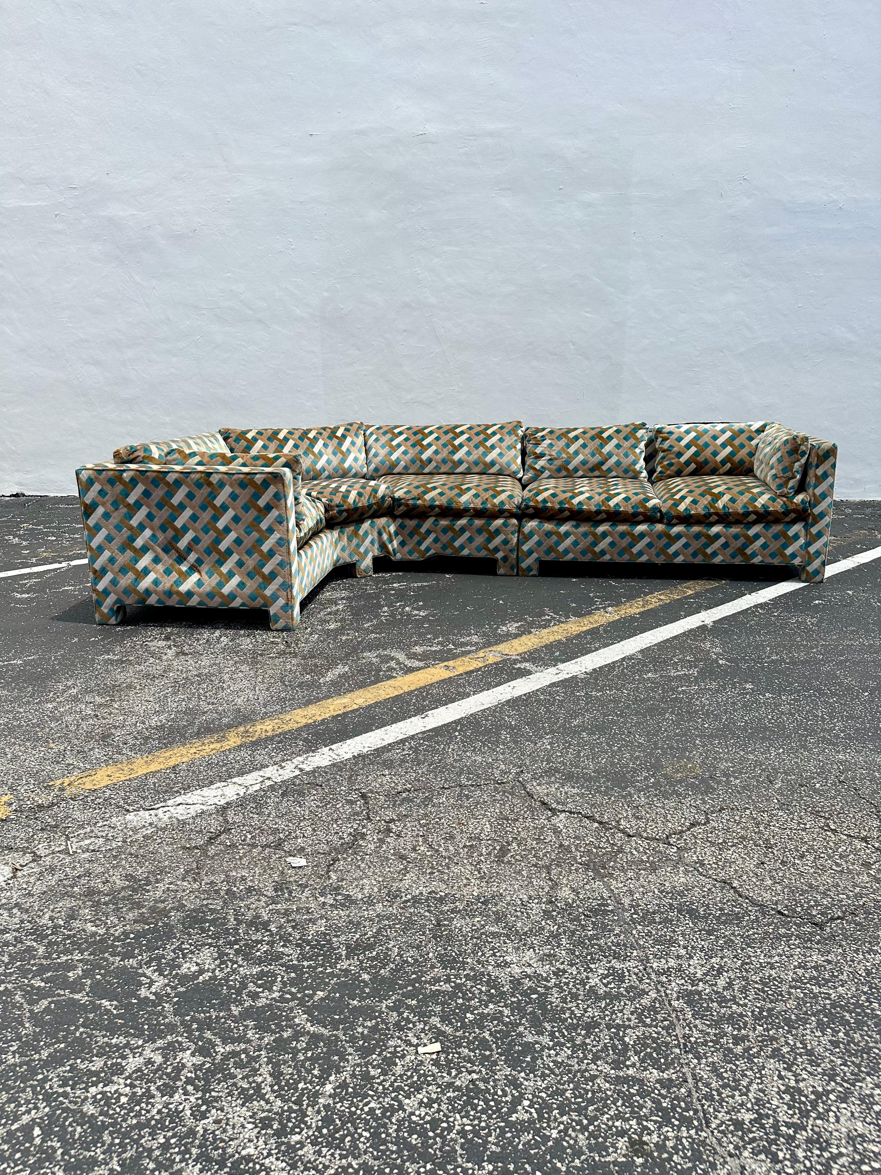 Extremely rare two pieces sectional by Milo Baughman upholstered in Jack Lenor Larsen fabric.. This beautiful cotton velvet cut lattice sectional is statement piece which is also comfortable and packed with personality! The Op Art design sectional