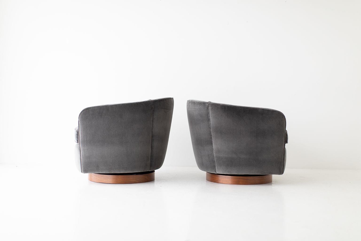 Walnut Milo Baughman Velvet Swivel and Tilt Lounge Chairs for Thayer Coggin