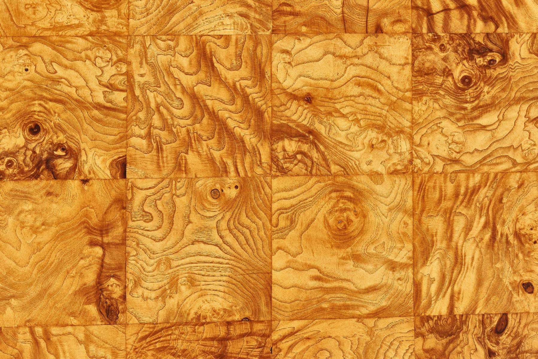 Milo Baughman wallmount burl wood cabinet.