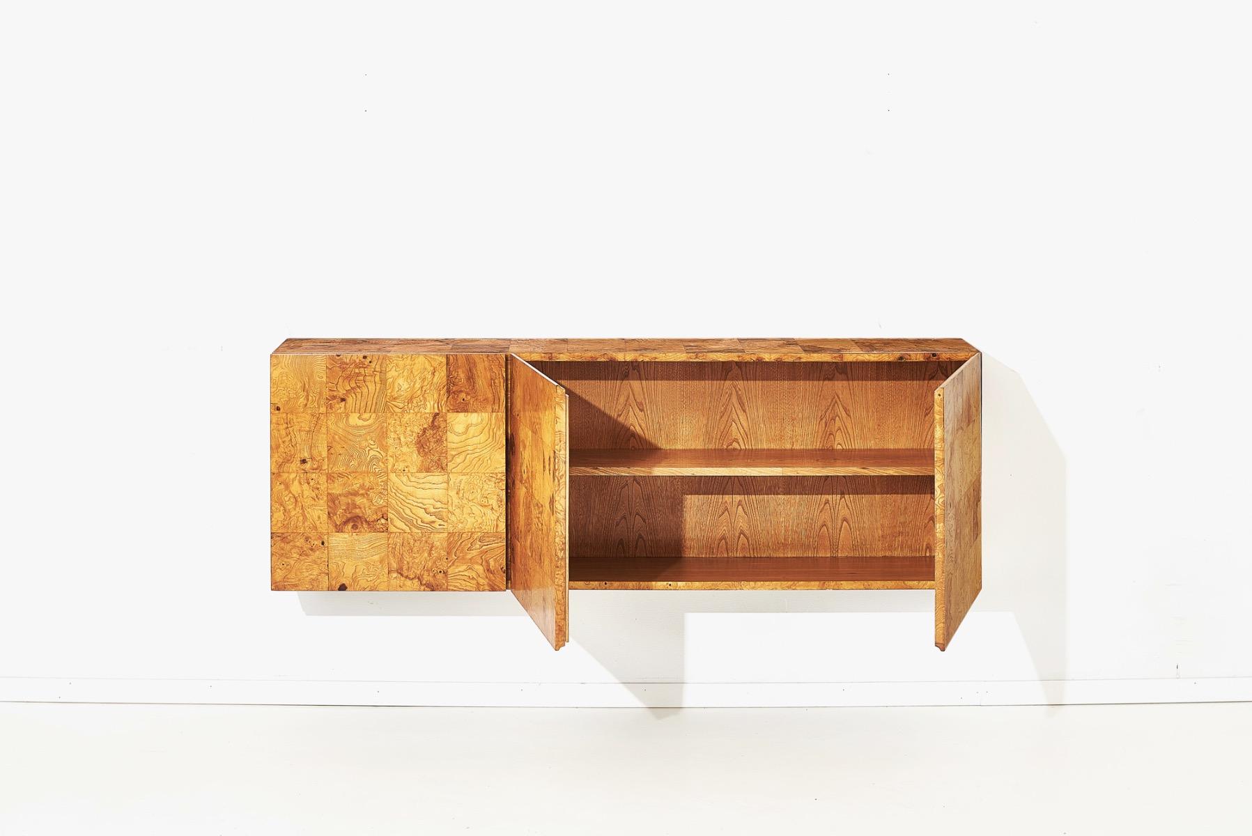 Mid-Century Modern Milo Baughman Wallmount Burl Wood Cabinet