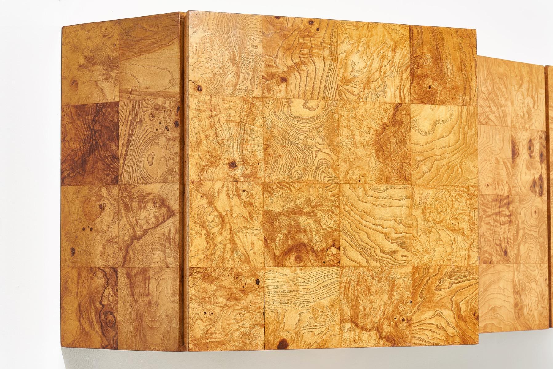 Milo Baughman Wallmount Burl Wood Cabinet In Good Condition In Chicago, IL
