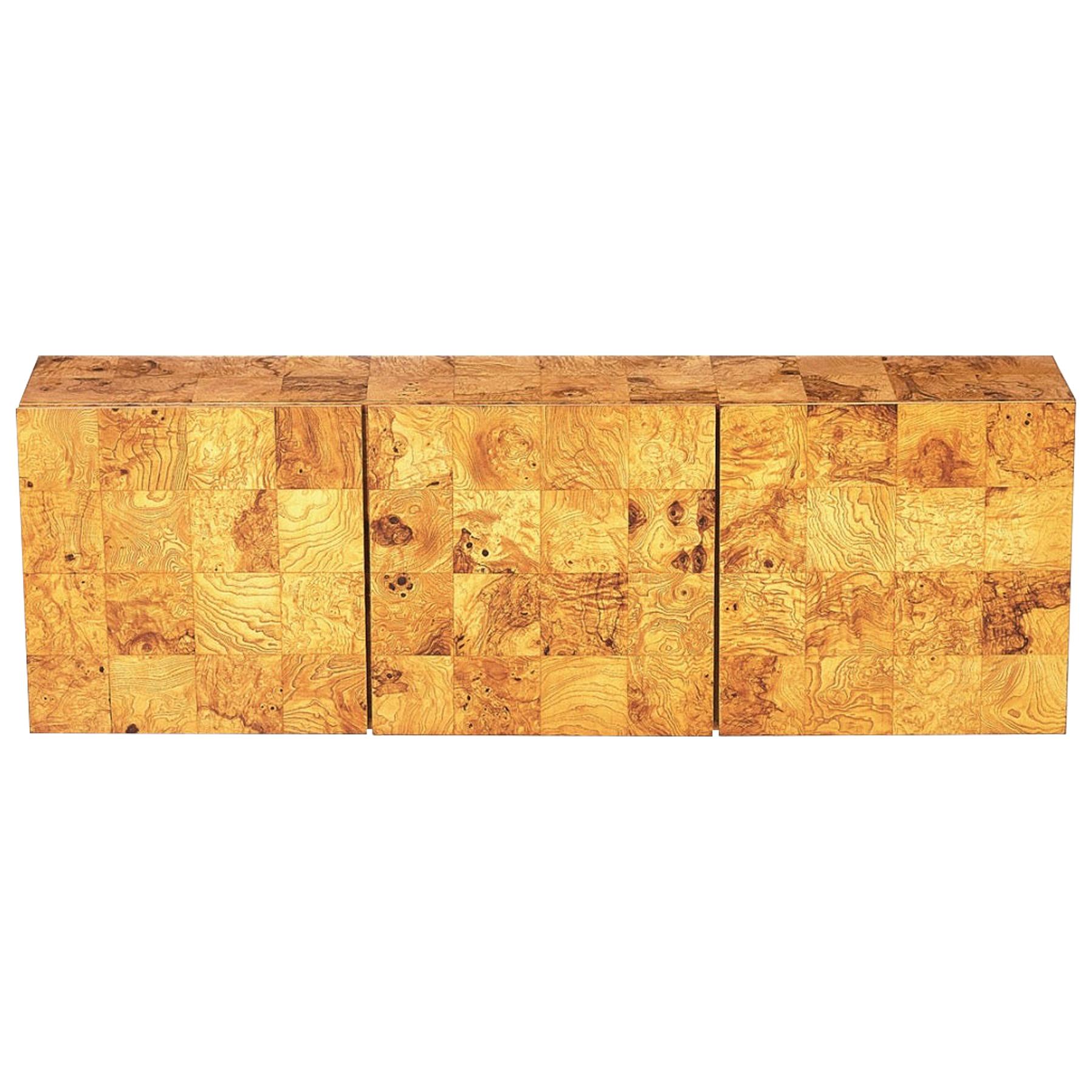 Milo Baughman Wallmount Burl Wood Cabinet