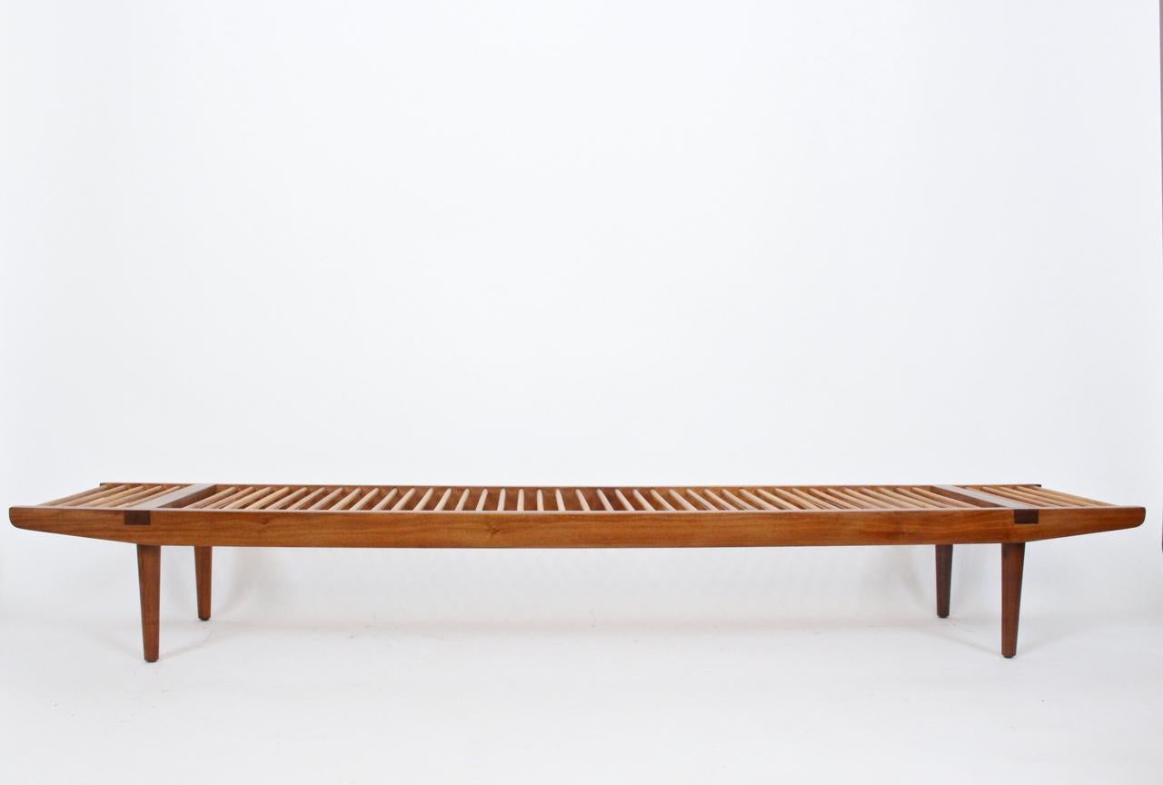 Early, Milo Baughman for Glenn of California maple and walnut dowel low profile longer coffee table, bench. Designed 1955. Rectangular walnut frame, maple dowels. Morticed. California modern.