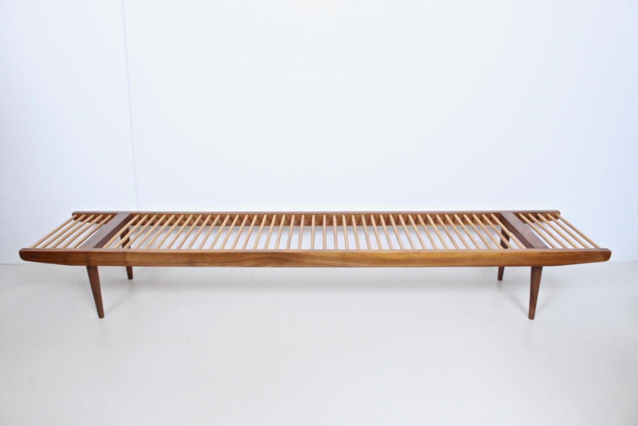Early Milo Baughman for Glenn of California maple and walnut dowel low profile longer coffee table, bench. Designed 1955. Featuring a rectangular walnut frame with maple dowels. Morticed. Classic. California Modern.