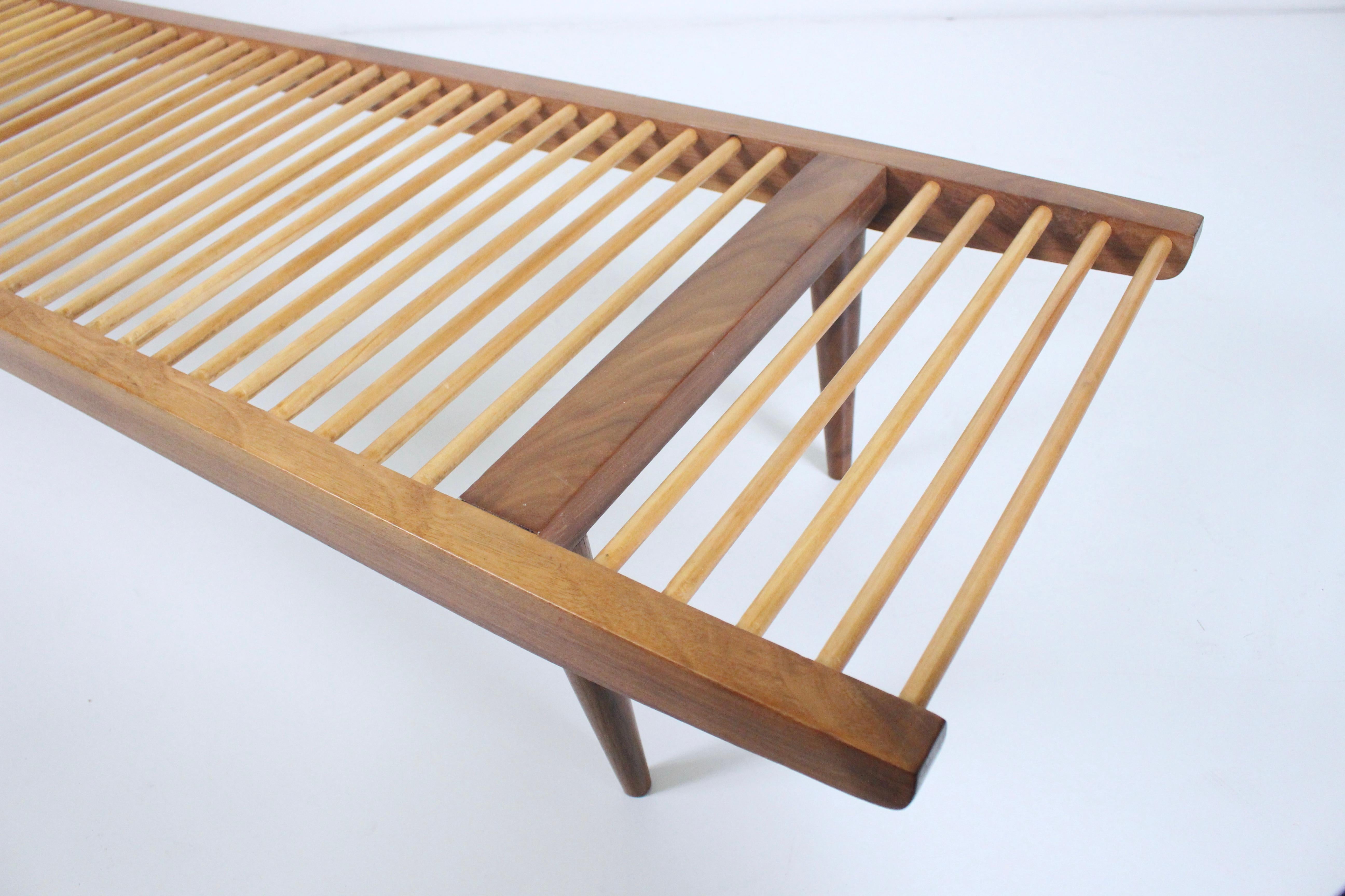 Milo Baughman Walnut and Maple Long Dowel Bench, 1950s In Good Condition For Sale In Bainbridge, NY