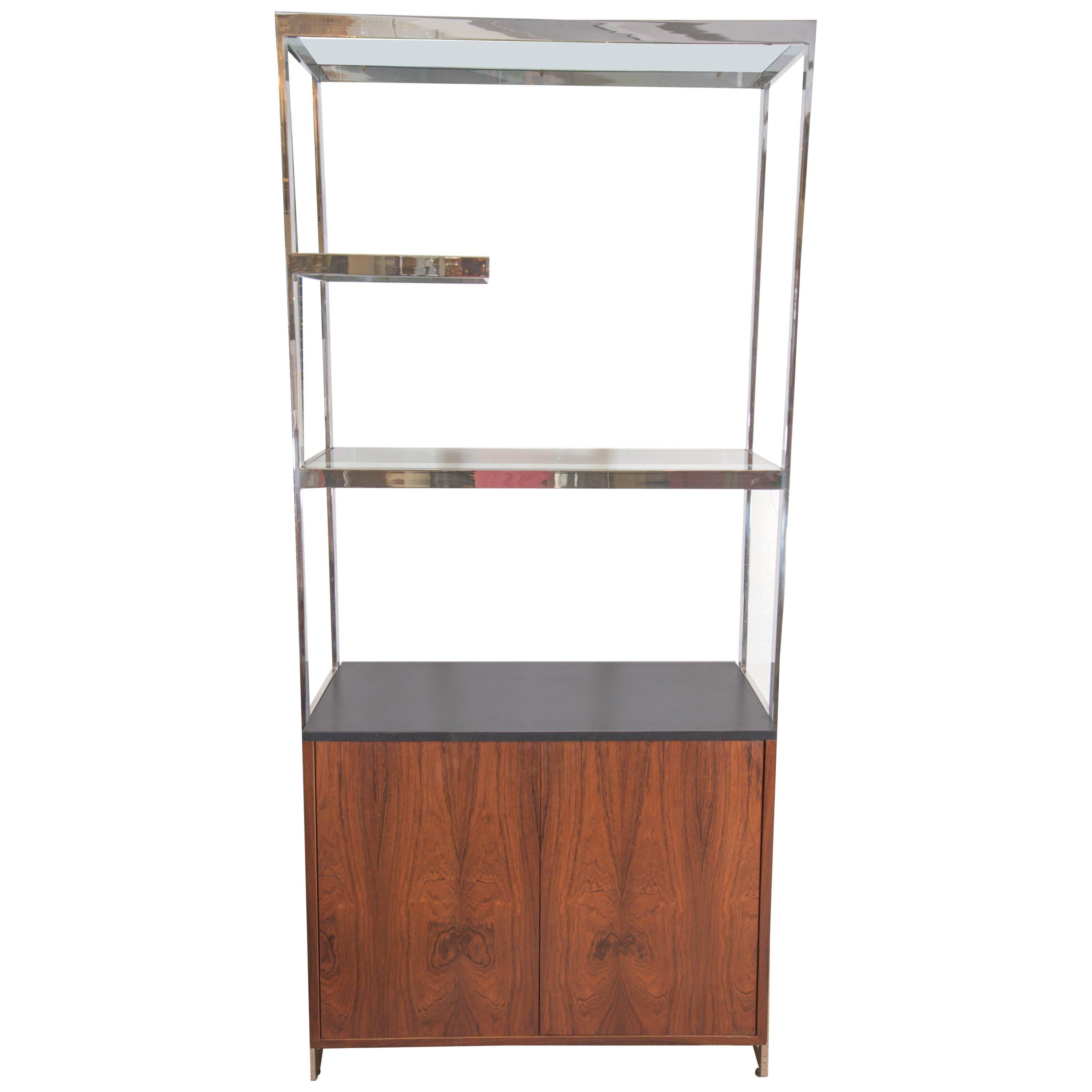 Milo Baughman Walnut Cabinet with Chrome and Glass Etagere