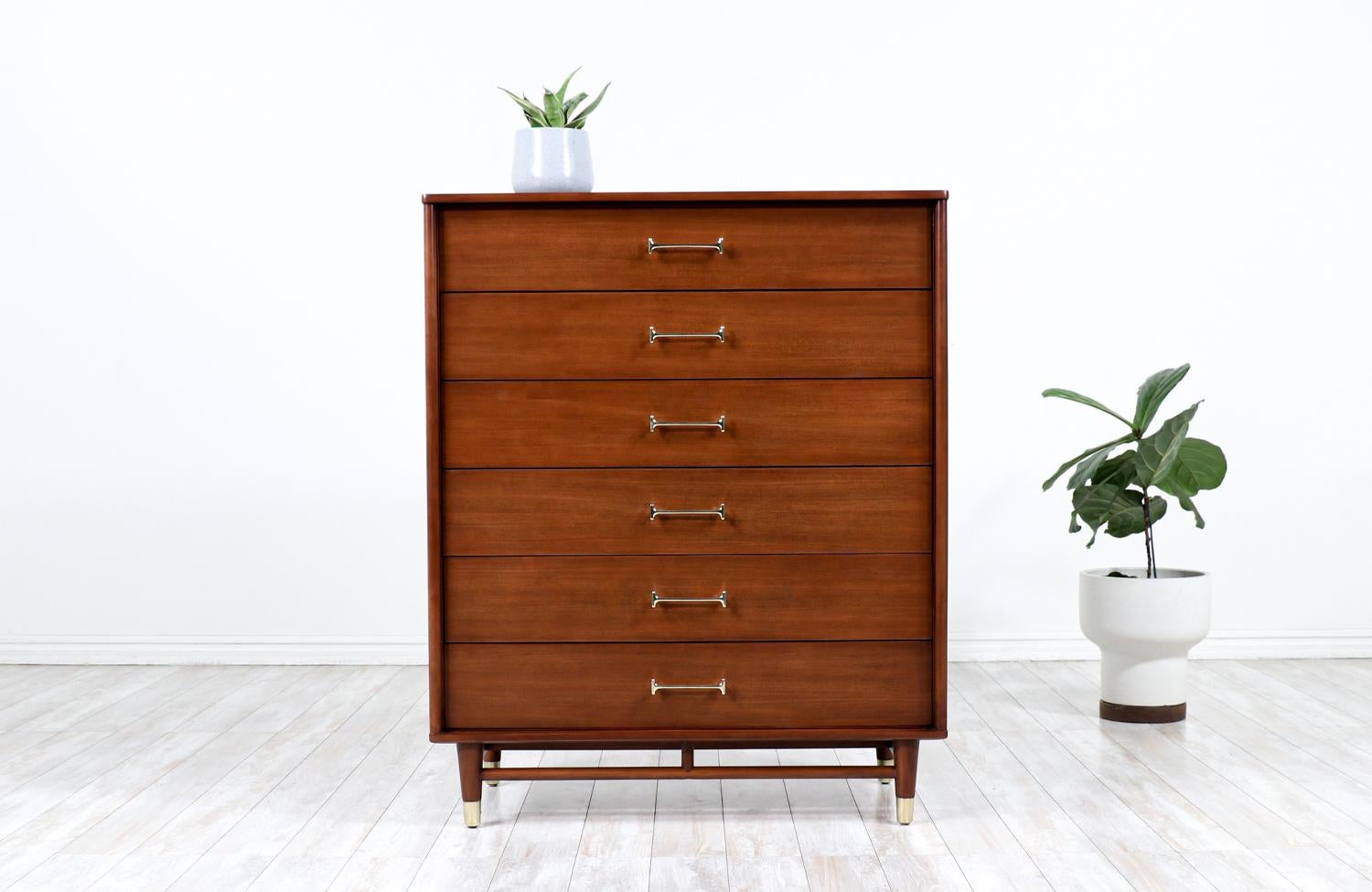 American Milo Baughman Walnut Chest of Drawers with Brass Handles for Drexel