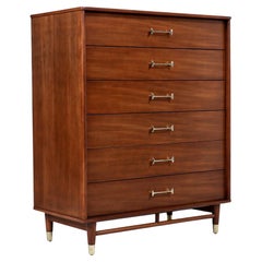 Milo Baughman Walnut Chest of Drawers with Brass Handles for Drexel