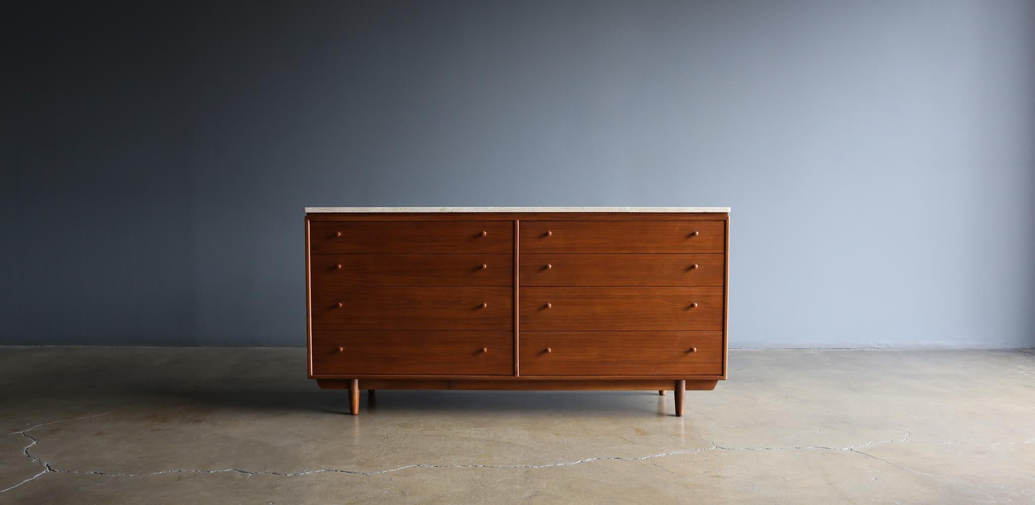 Milo Baughman walnut & travertine dresser for Glenn of California, circa 1955. The walnut has been professionally restored.