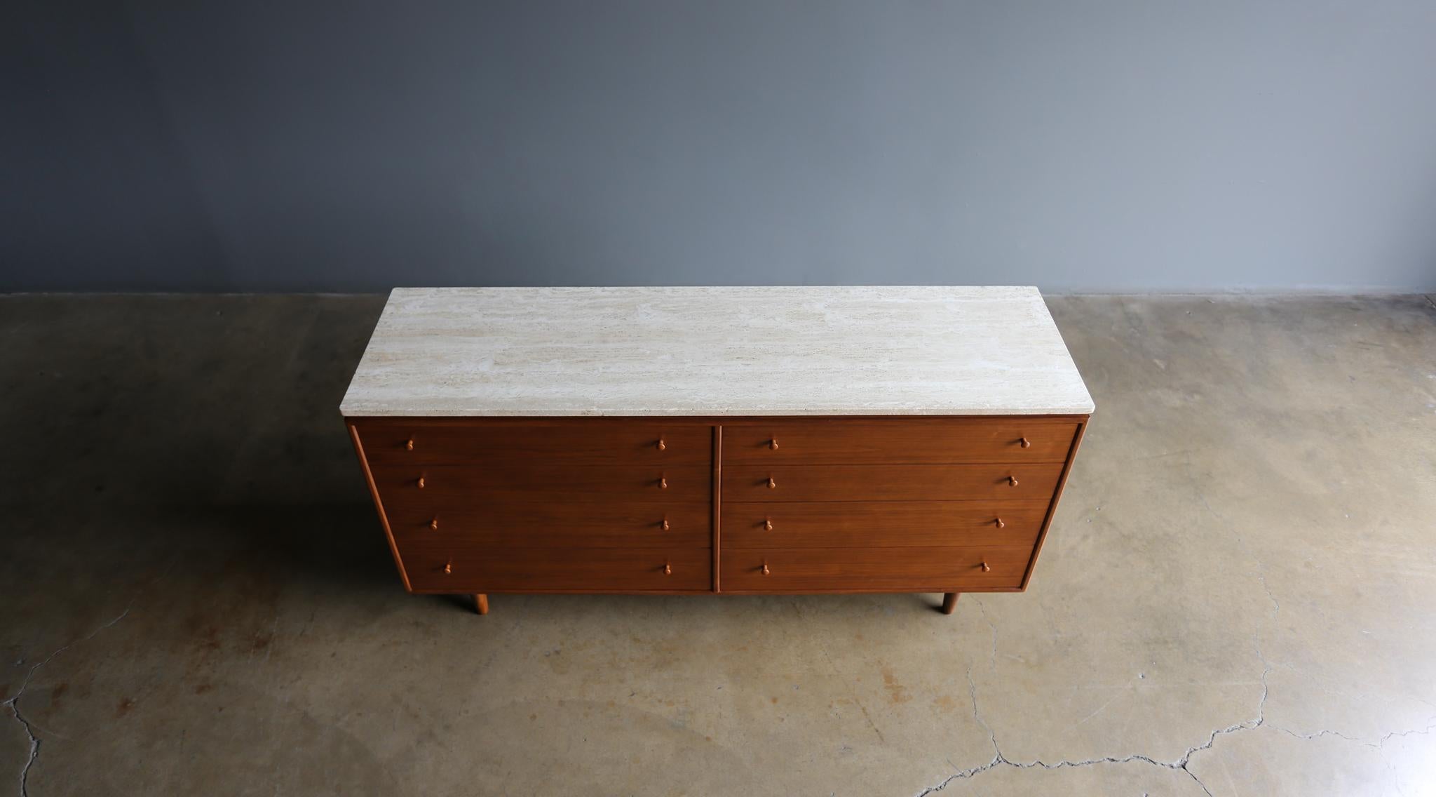 American Milo Baughman Walnut & Travertine Dresser for Glenn of California, circa 1955