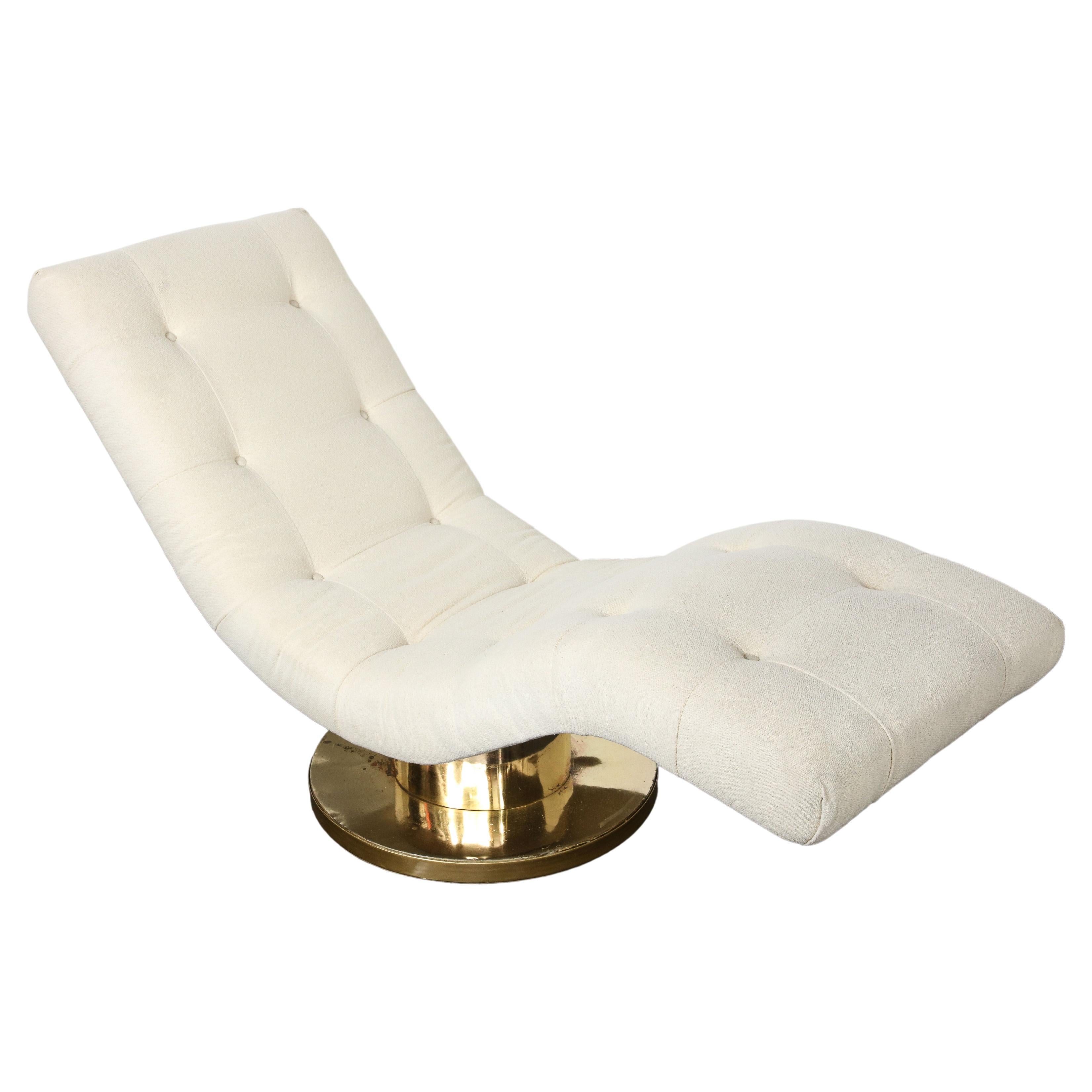 Milo Baughman Wave Chaise Lounge Chair with Tufted Top and Brass Base, 1970s