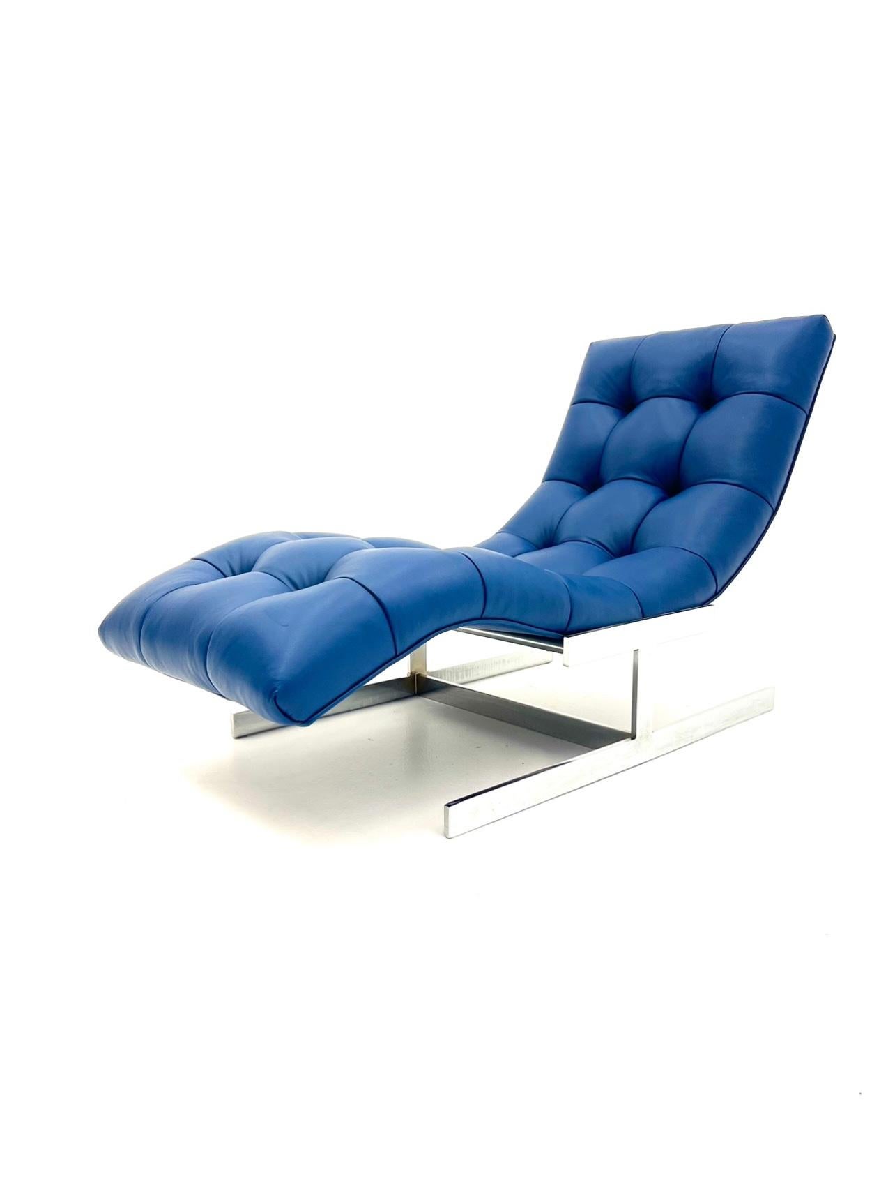 North American Milo Baughman Wave Chaise Lounge in Royal Blue Italian Leather