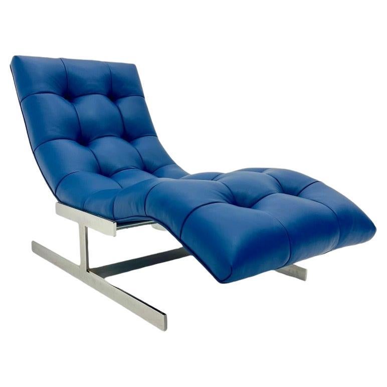 Milo Baughman Wave Chaise Lounge in Royal Blue Italian Leather