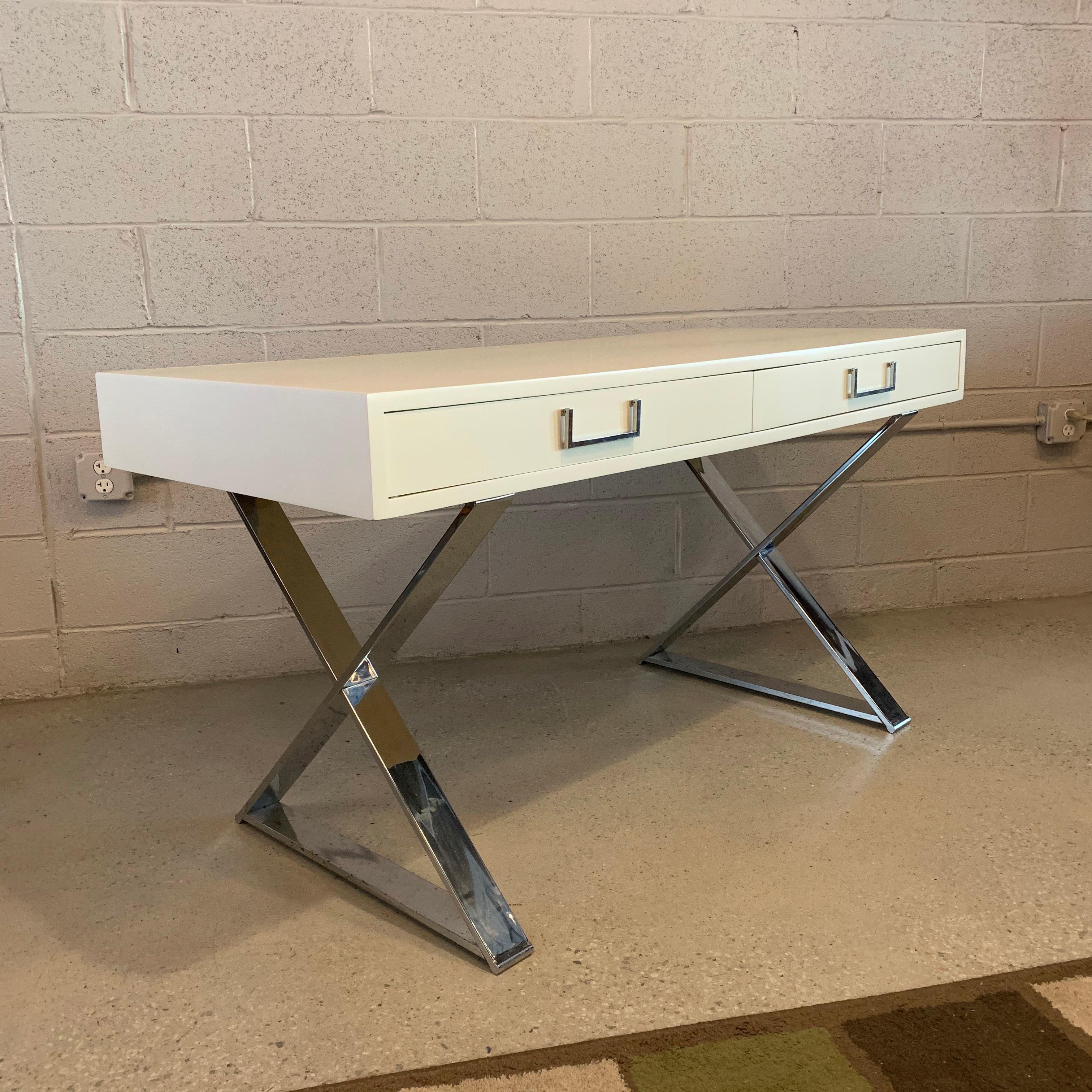 white lacquer desk with chrome legs