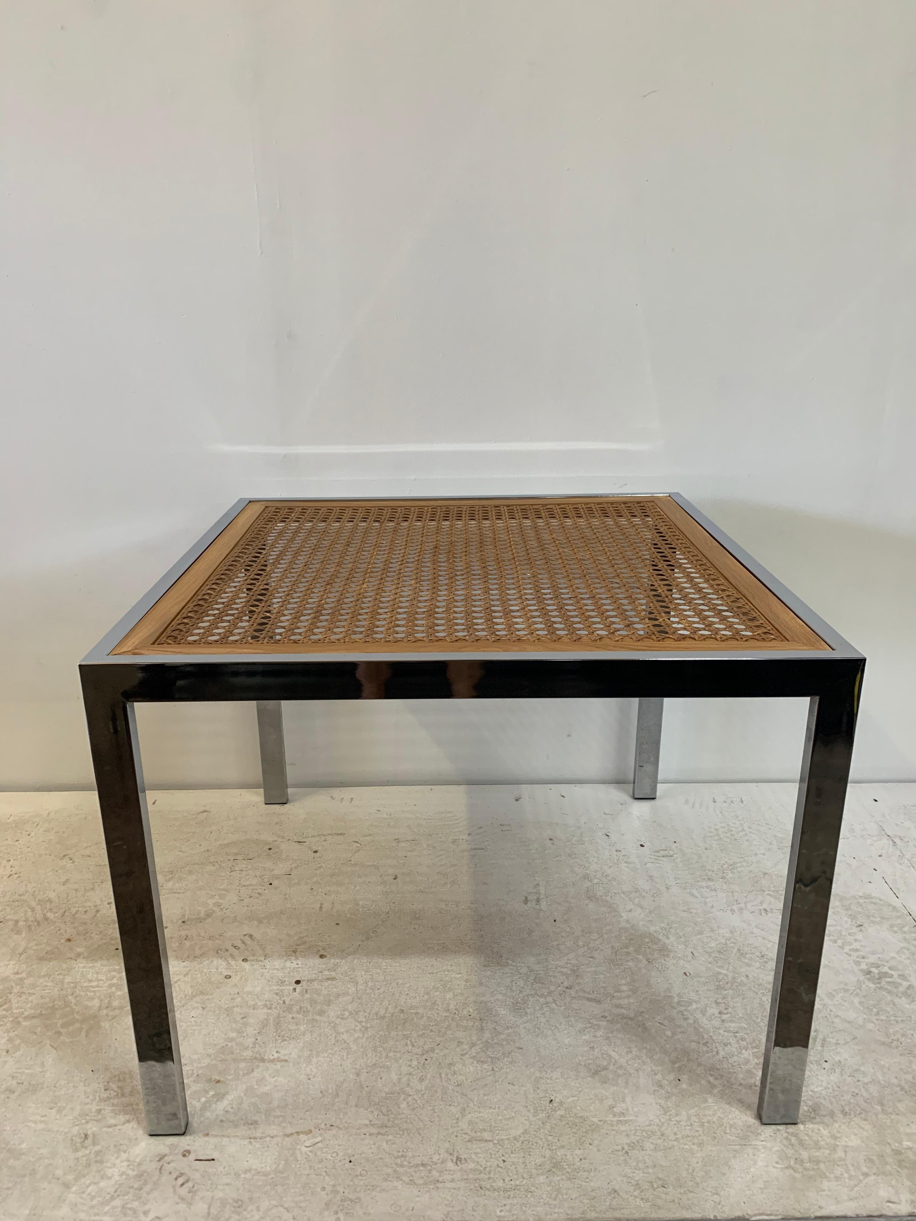 Mid Century Modern Wicker and Chrome Game Table In Good Condition In East Hampton, NY