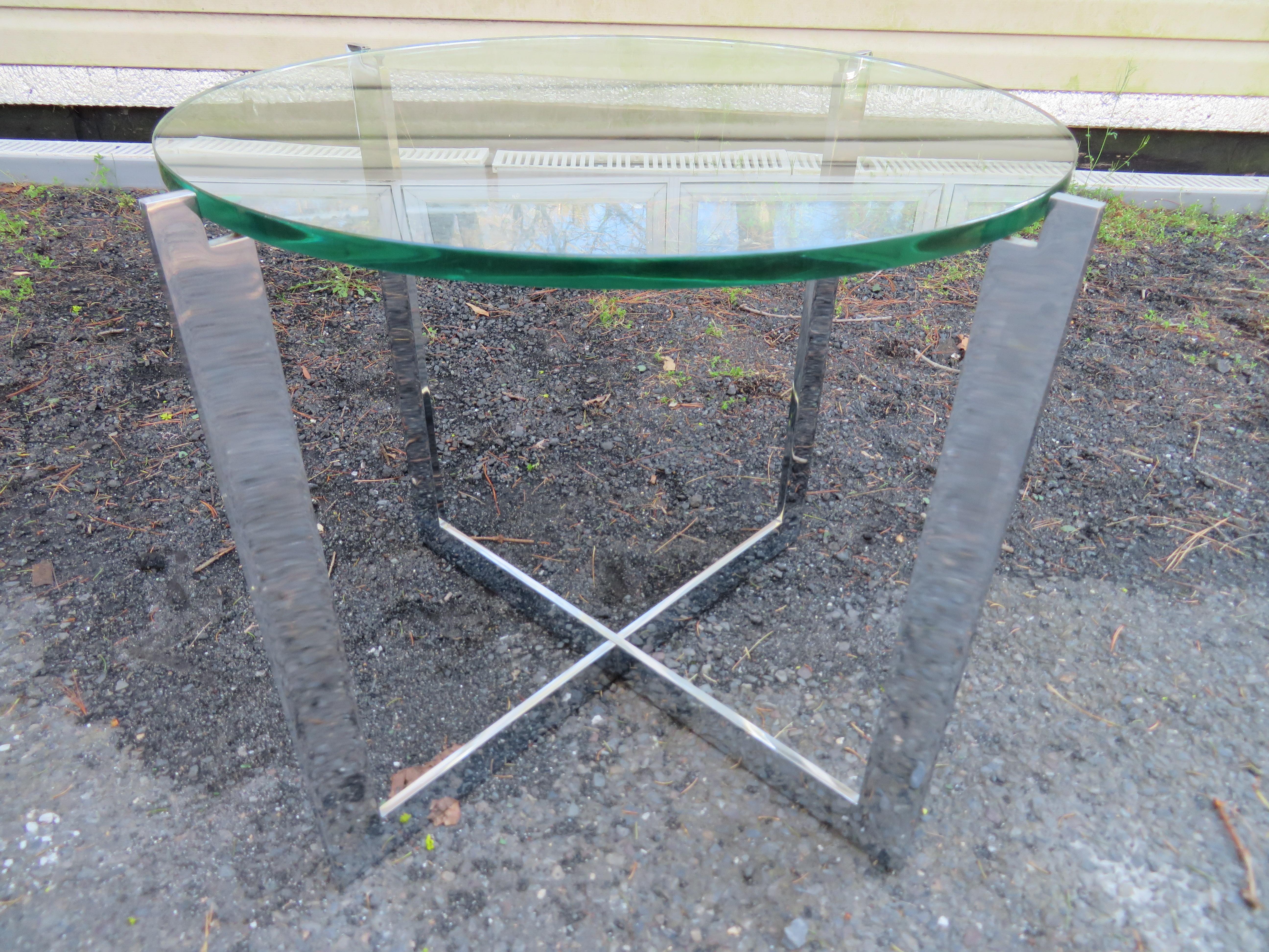 American Milo Baughman Style X Base Chrome Side End Table Mid-Century Modern For Sale