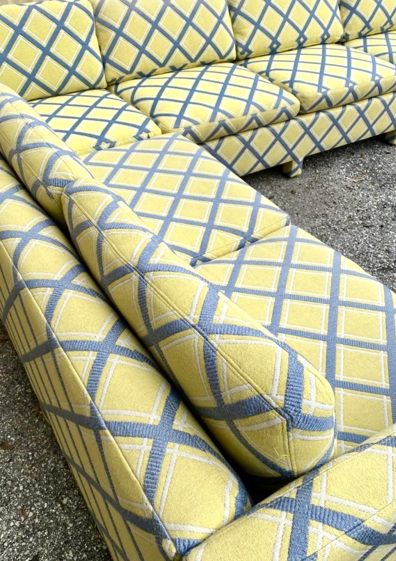 Mid-Century Modern Milo Baughman Yellow & Blue Lattice Three-Piece Sectional, Thayer Coggin, 1970s