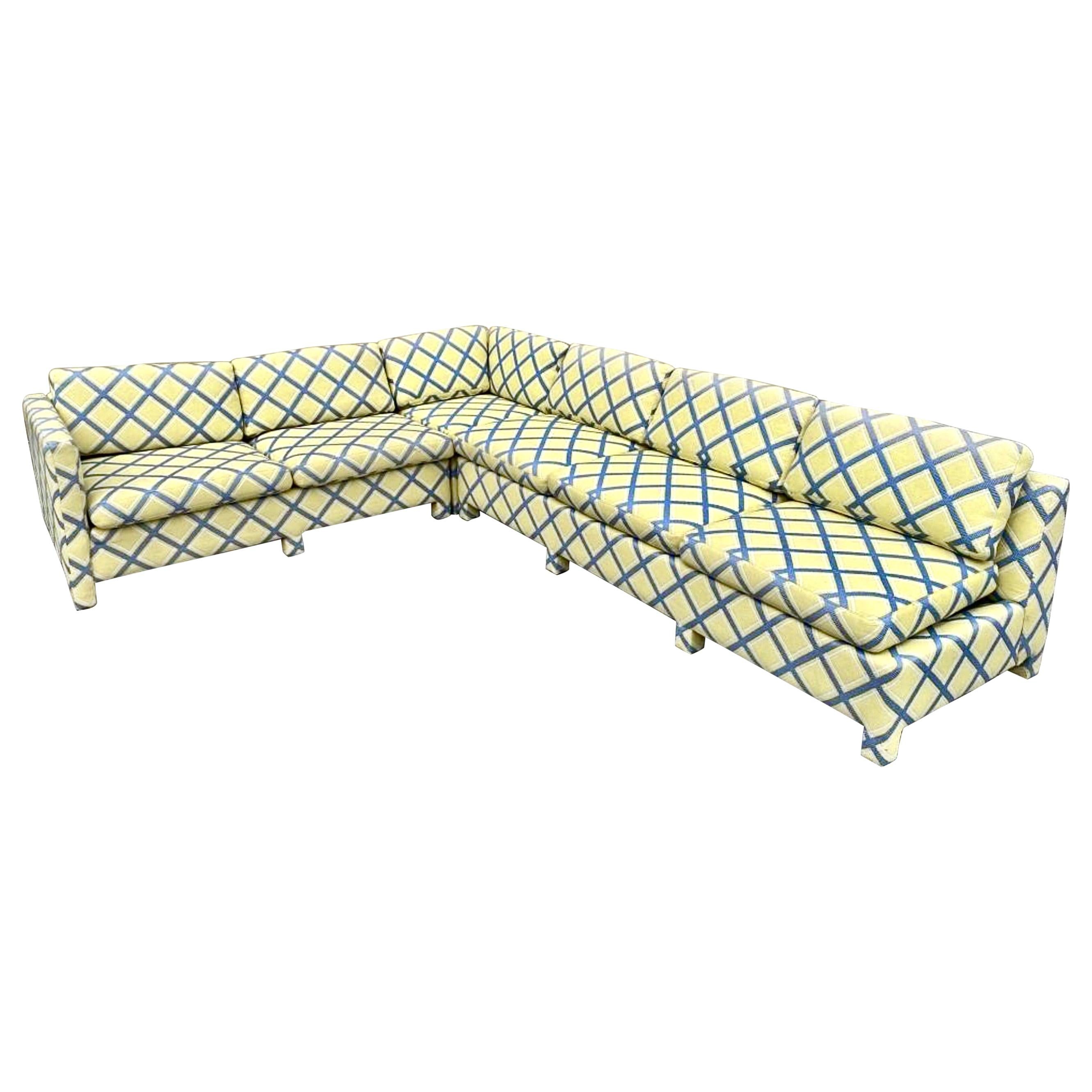 Milo Baughman Yellow & Blue Lattice Three-Piece Sectional, Thayer Coggin, 1970s 