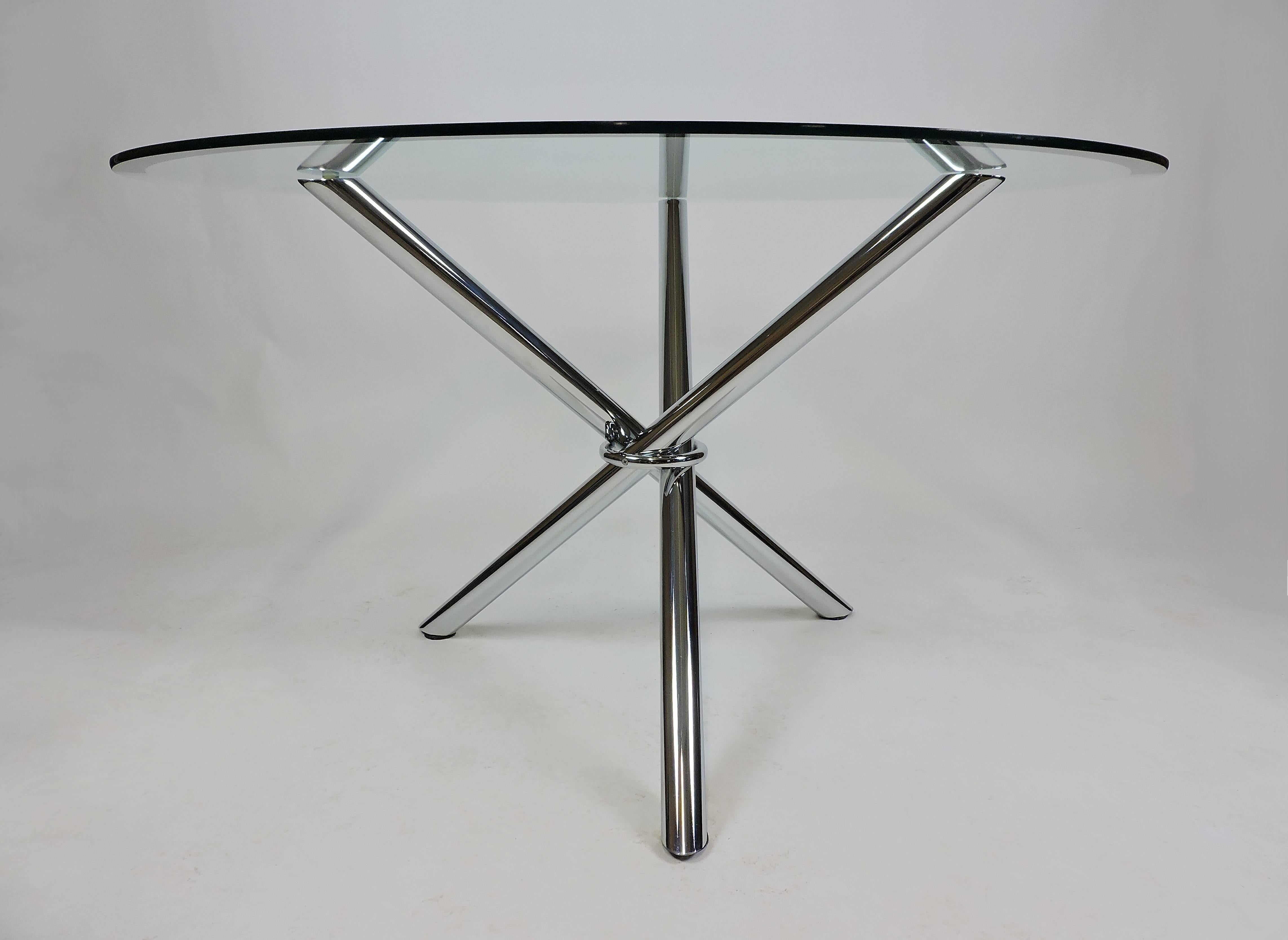 Modern Milo Baugman Style Midcentury Jax Chrome Glass Tripod Dining/Centre Hall Table