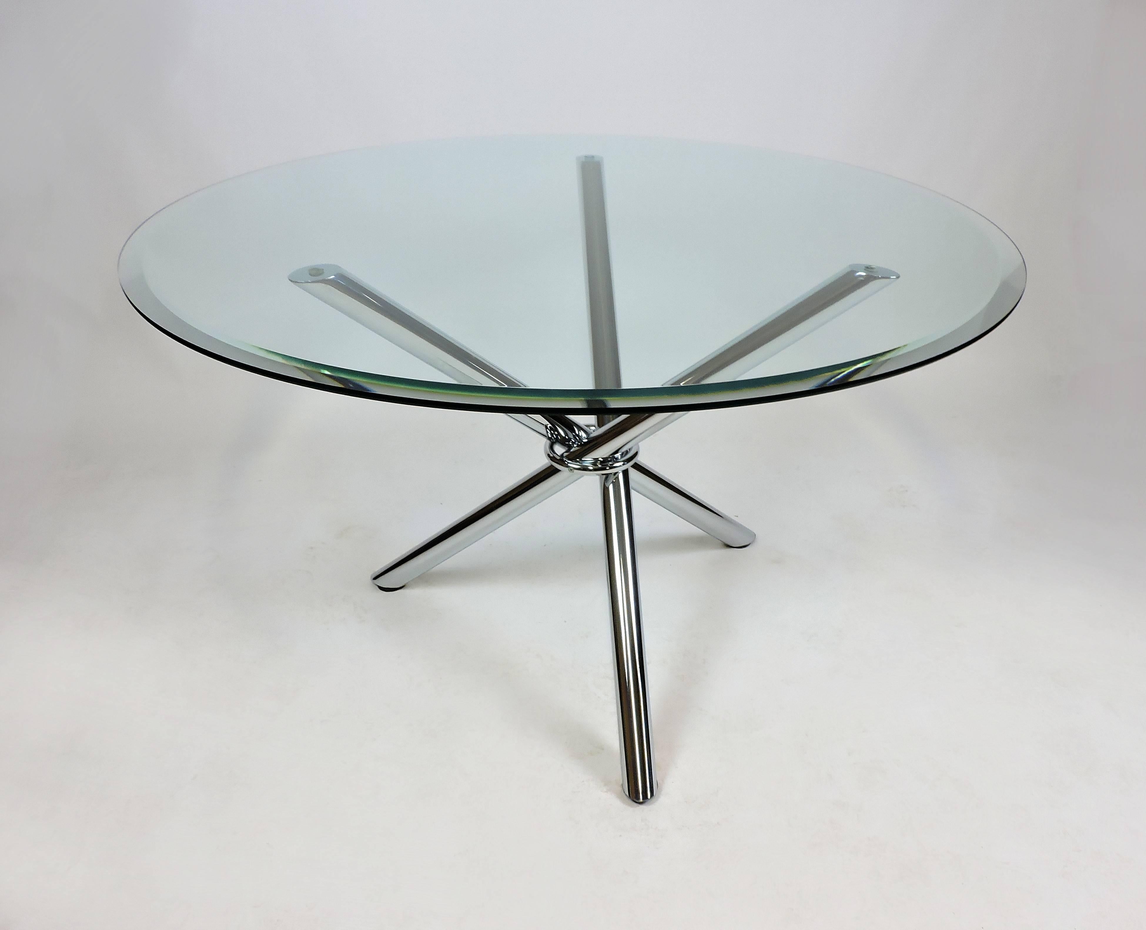 Milo Baugman Style Midcentury Jax Chrome Glass Tripod Dining/Centre Hall Table In Excellent Condition In Chesterfield, NJ