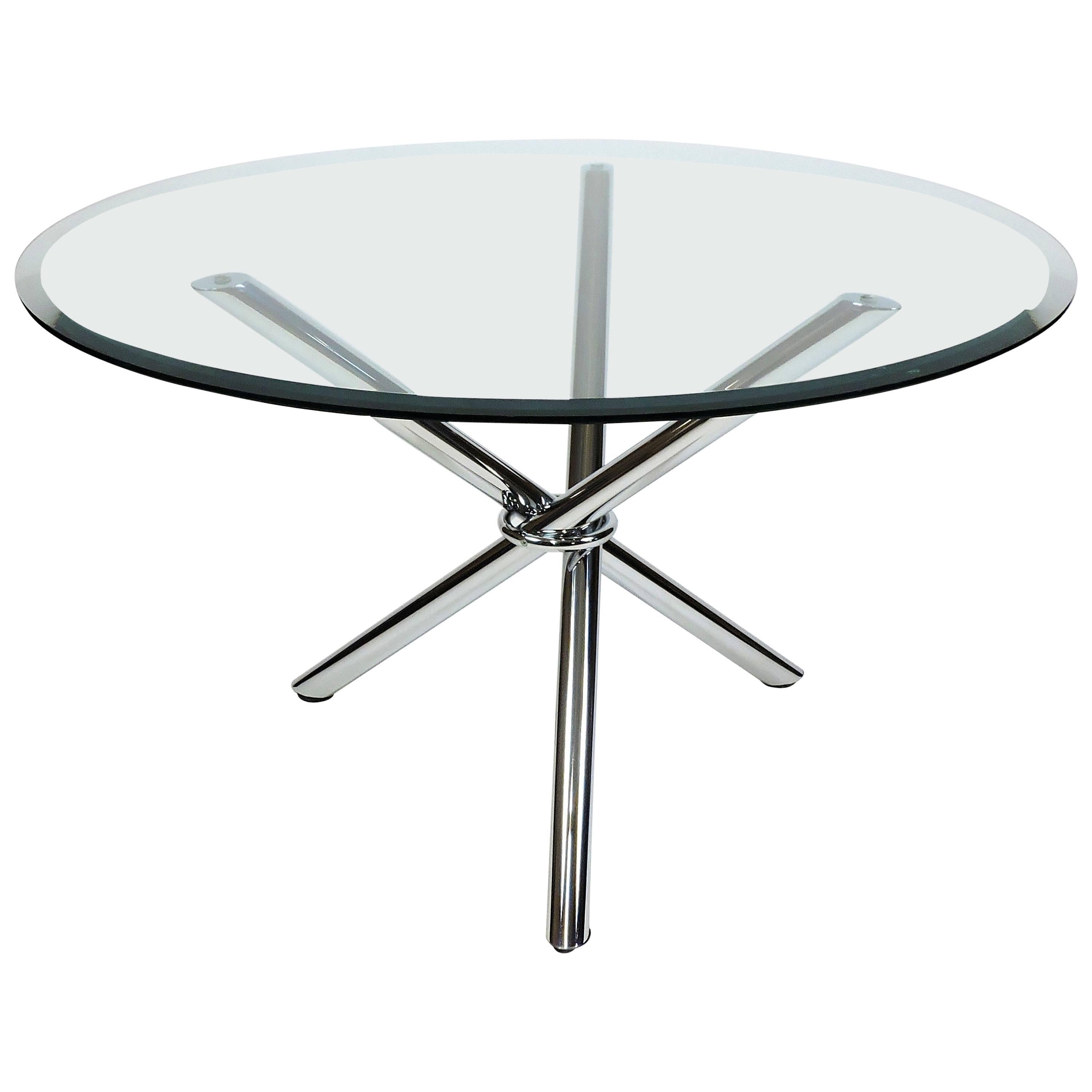 Milo Baugman Style Midcentury Jax Chrome Glass Tripod Dining/Centre Hall Table