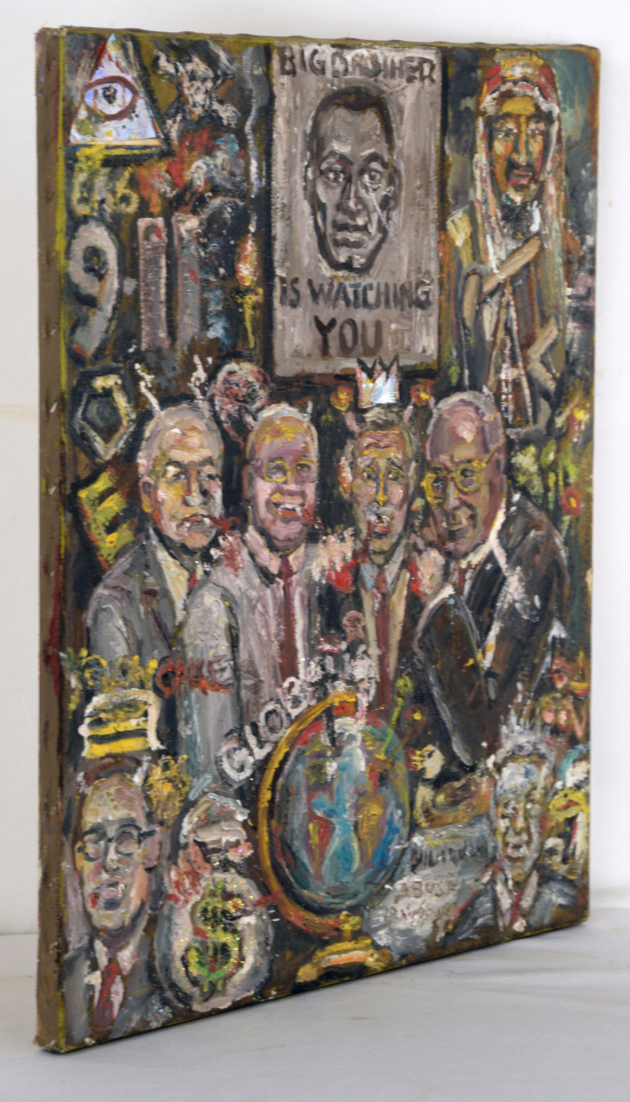 Conspiracies - Figurative Political Pop Art in Oil and Mixed Media on Canvas For Sale 3