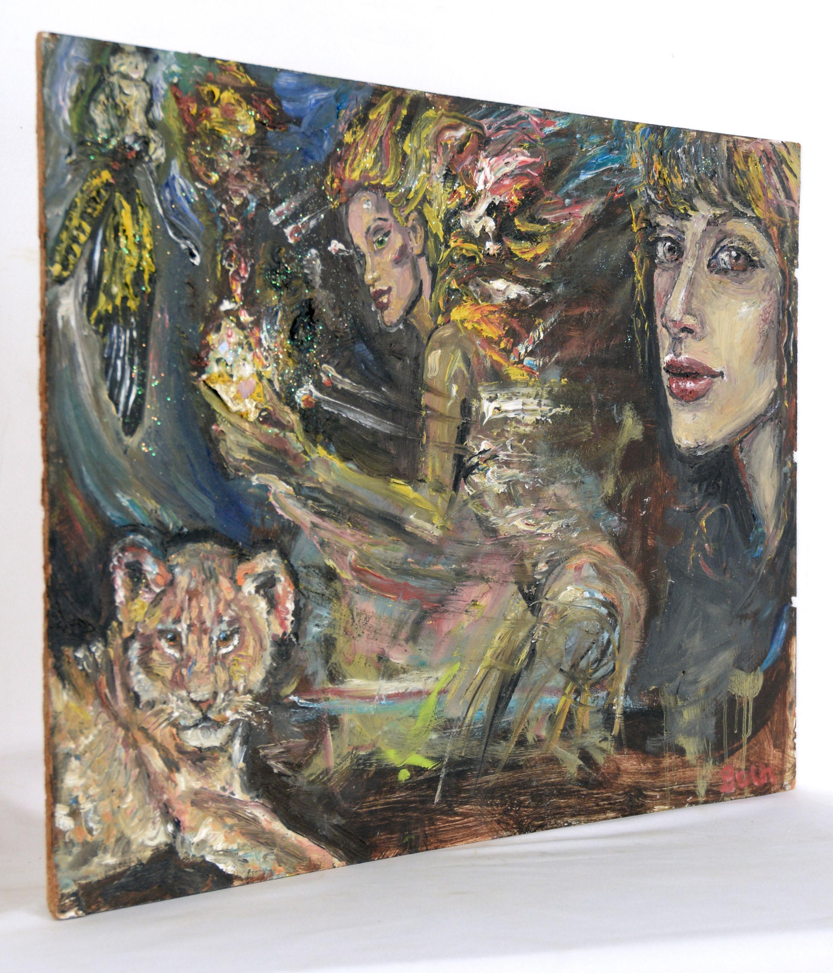 Women and a Tiger Cub - Pop Art in Oil and Mixed Media on Masonite For Sale 3
