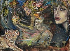 Women and a Tiger Cub - Pop Art in Oil and Mixed Media on Masonite