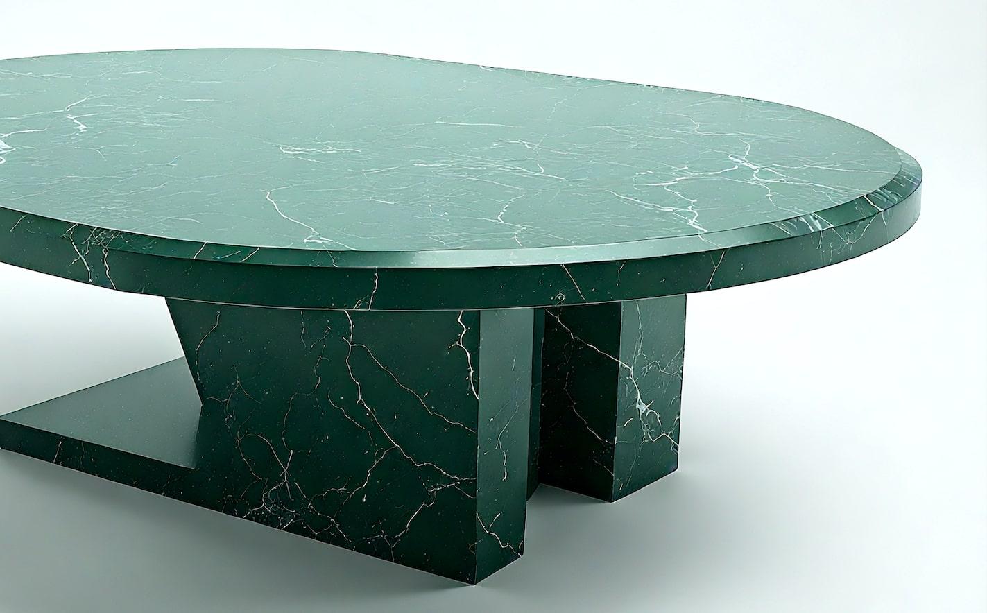 Mid-Century Modern Milo - Green Marble Coffee Table with Architectural Pedestal Base by Artisanal For Sale