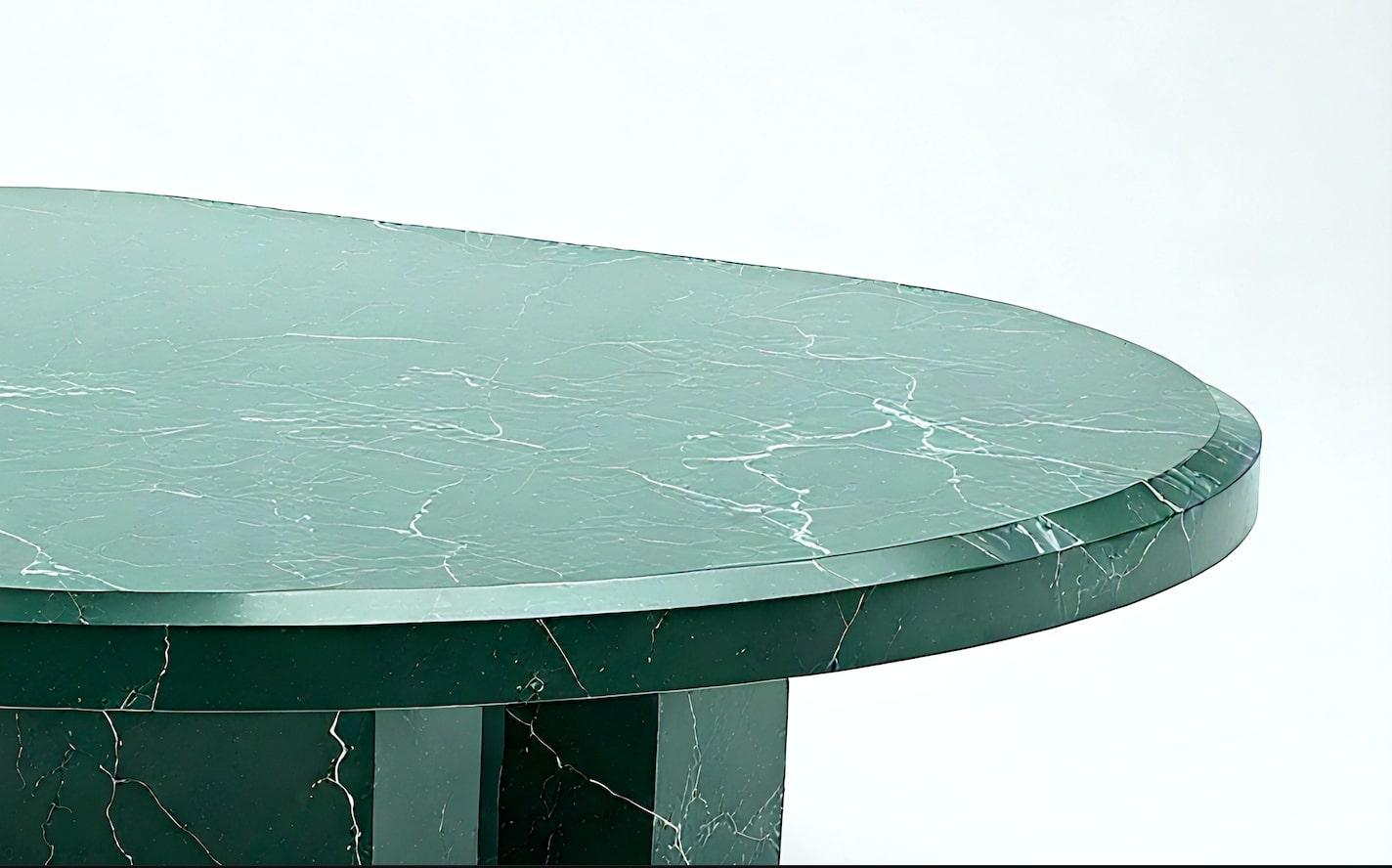 Milo - Green Marble Coffee Table with Architectural Pedestal Base by Artisanal In New Condition For Sale In New York, NY