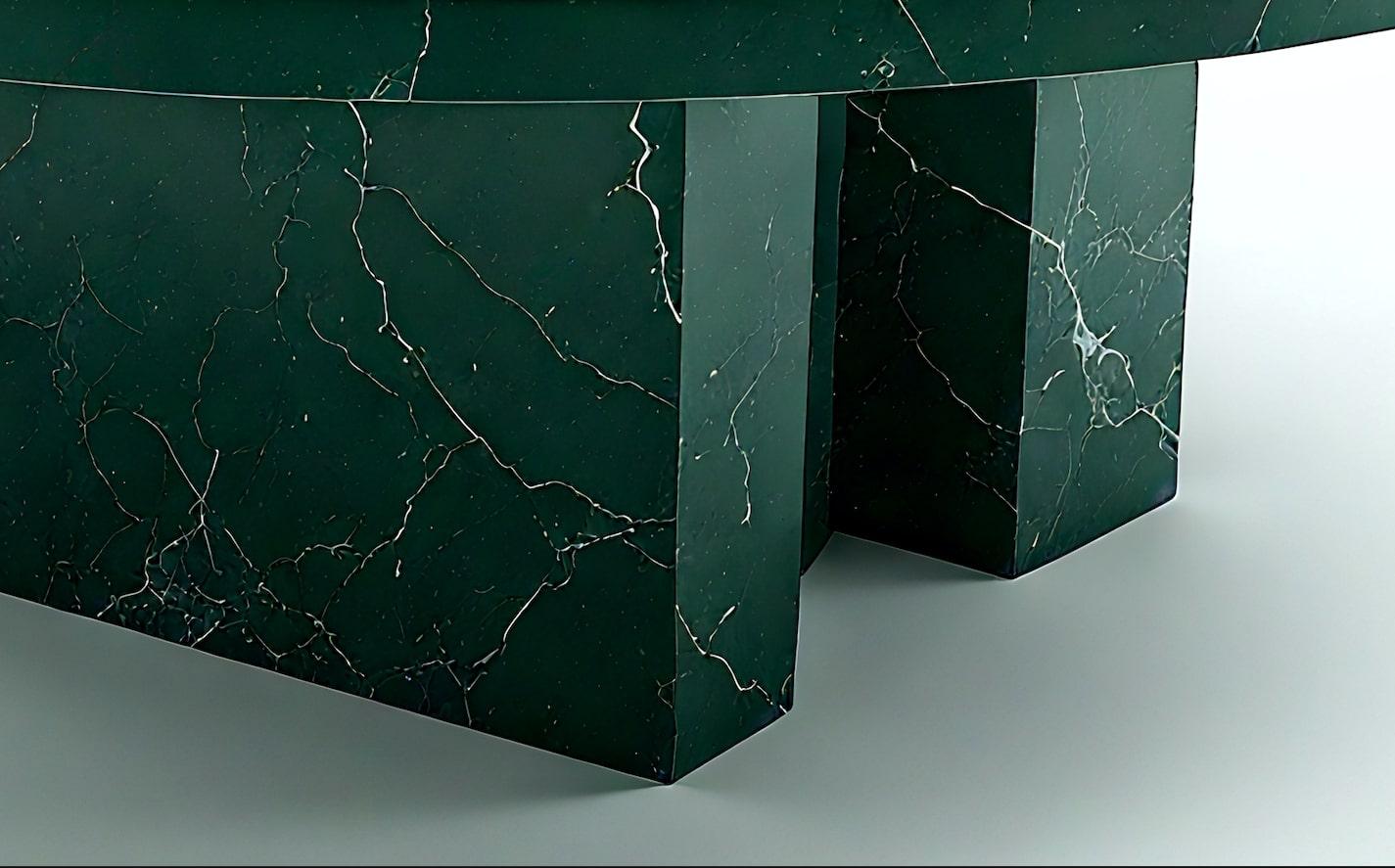 Milo - Green Marble Coffee Table with Architectural Pedestal Base by Artisanal For Sale 1
