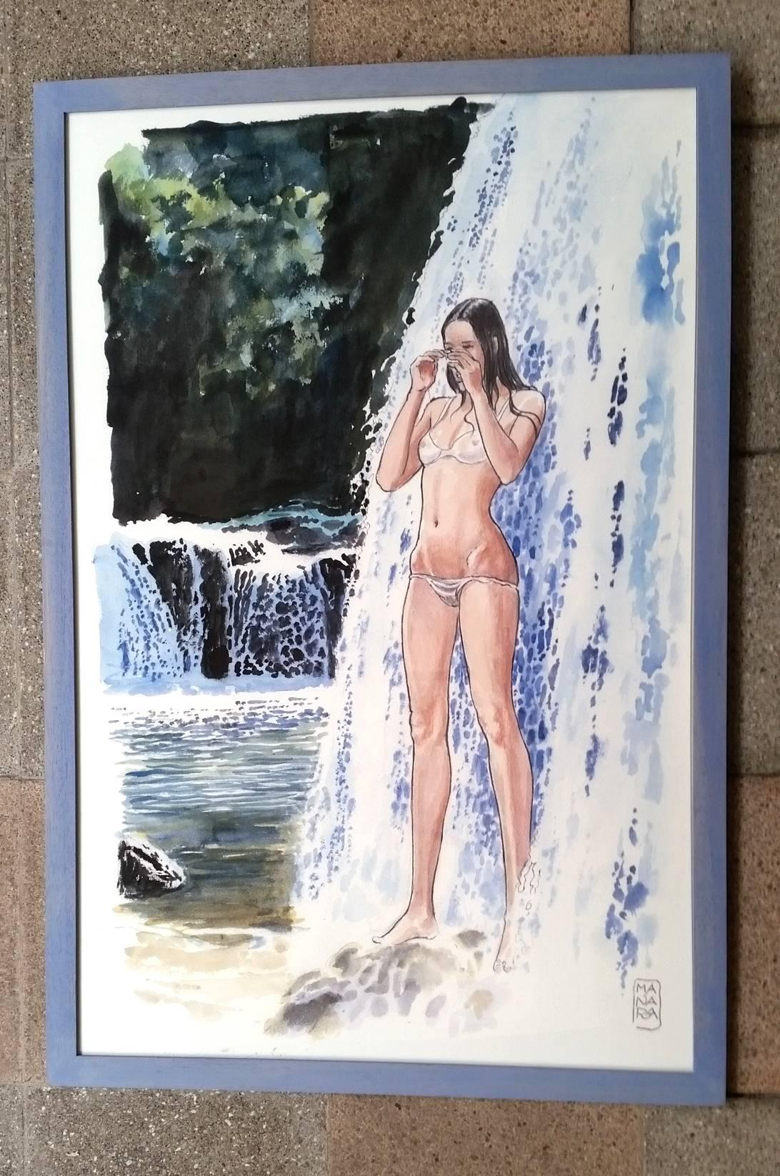 Woman in the waterfall - 2015 - Painting by Milo Manara
